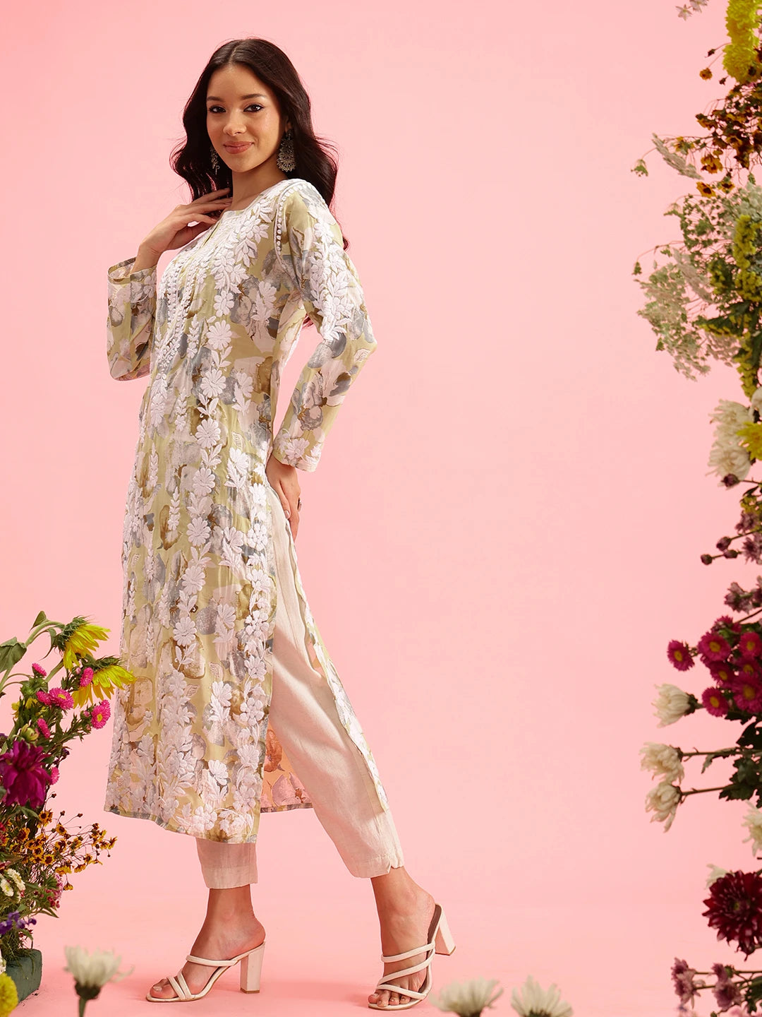 Ada Hand Embroidered Printed Pista Green Chanderi Lucknowi Chikankari Straight Kurta A411572