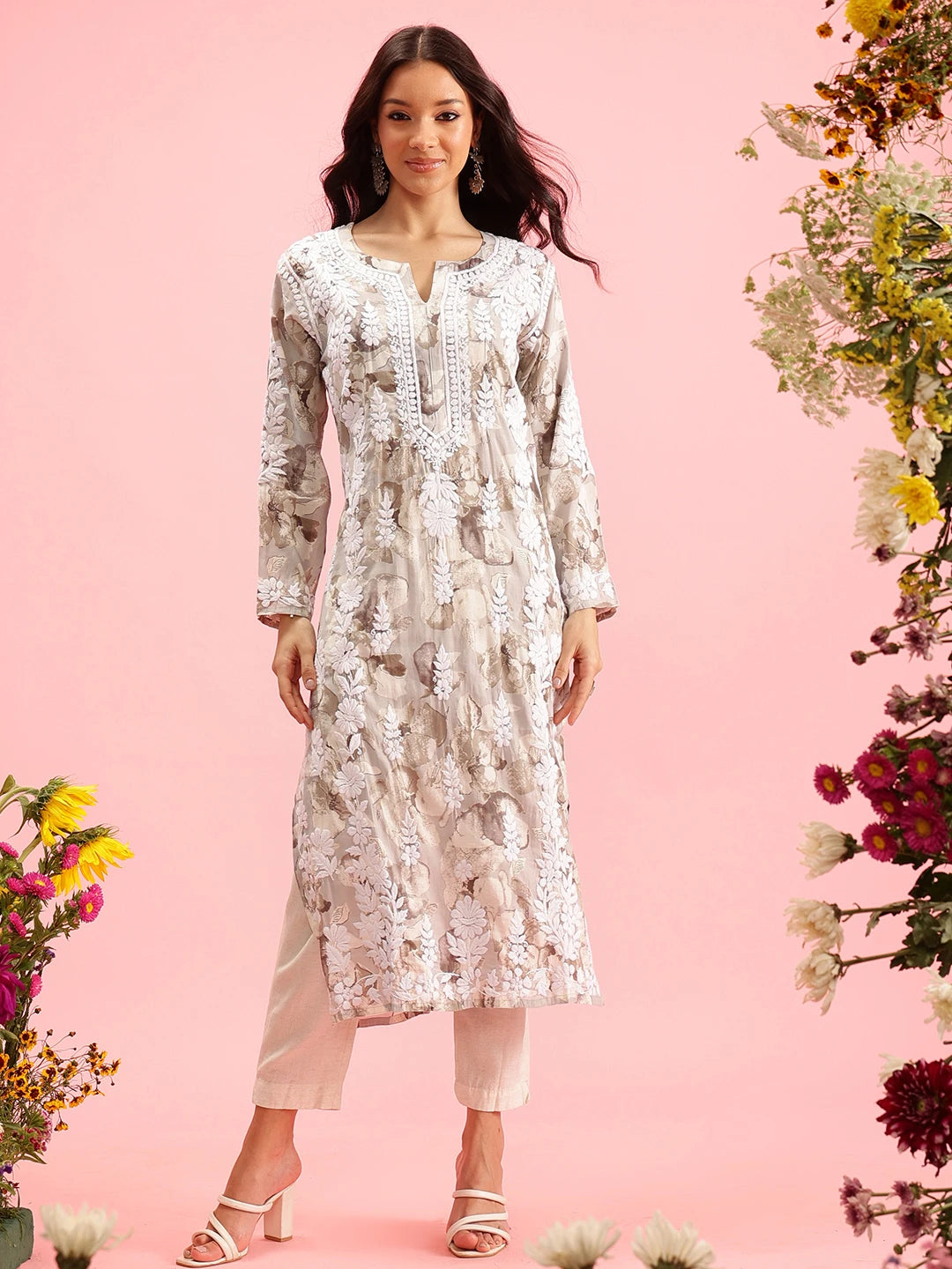 Ada Hand Embroidered Printed Grey Chanderi Lucknowi Chikankari Straight Kurta A411571