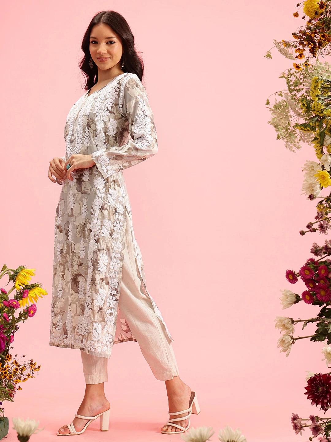 Ada Hand Embroidered Printed Grey Chanderi Lucknowi Chikankari Straight Kurta A411571