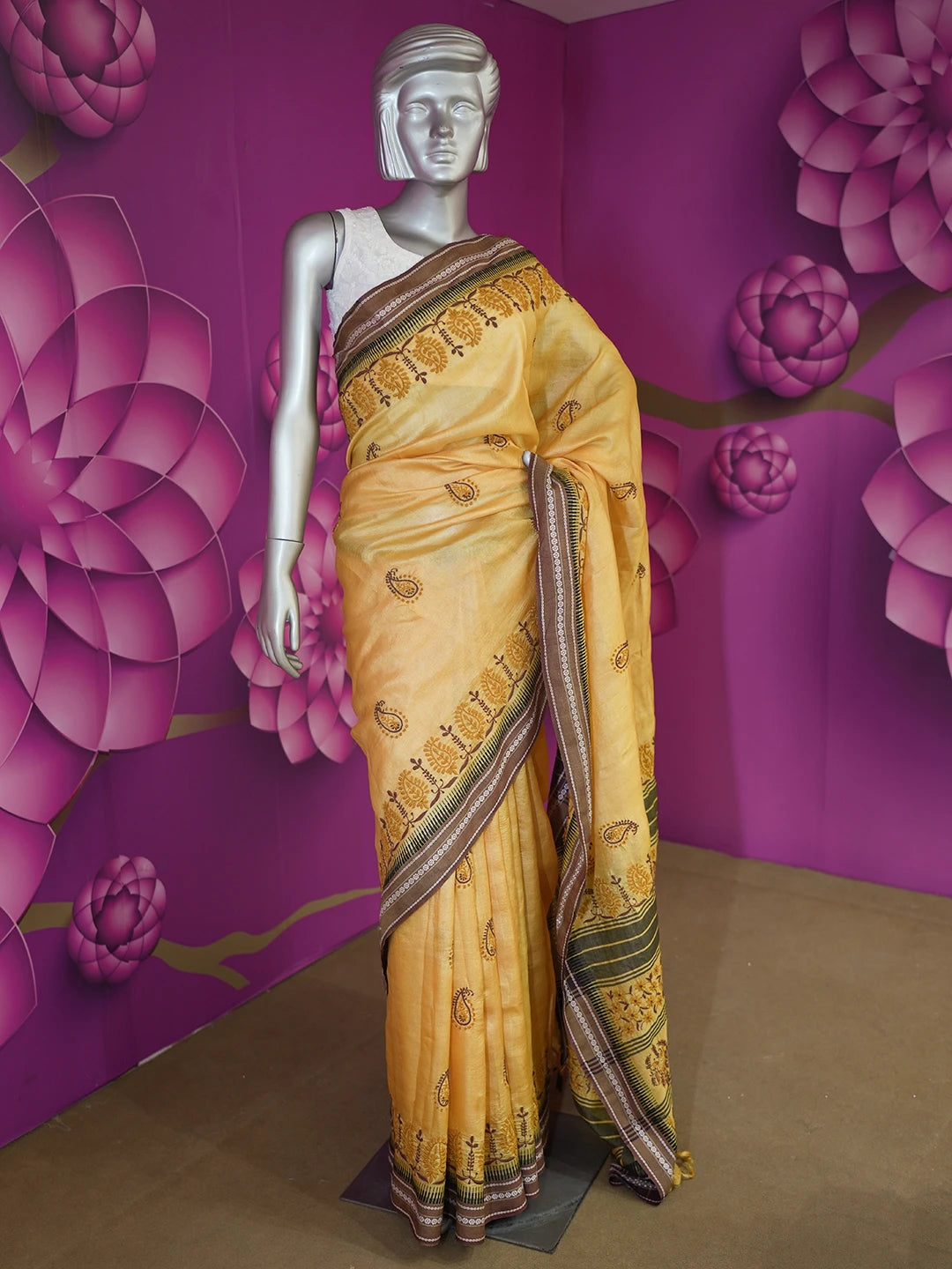 Ada Hand Embroidered Mustard Silk Lucknowi Chikankari Saree /Blouse With Zari Work 01A352952