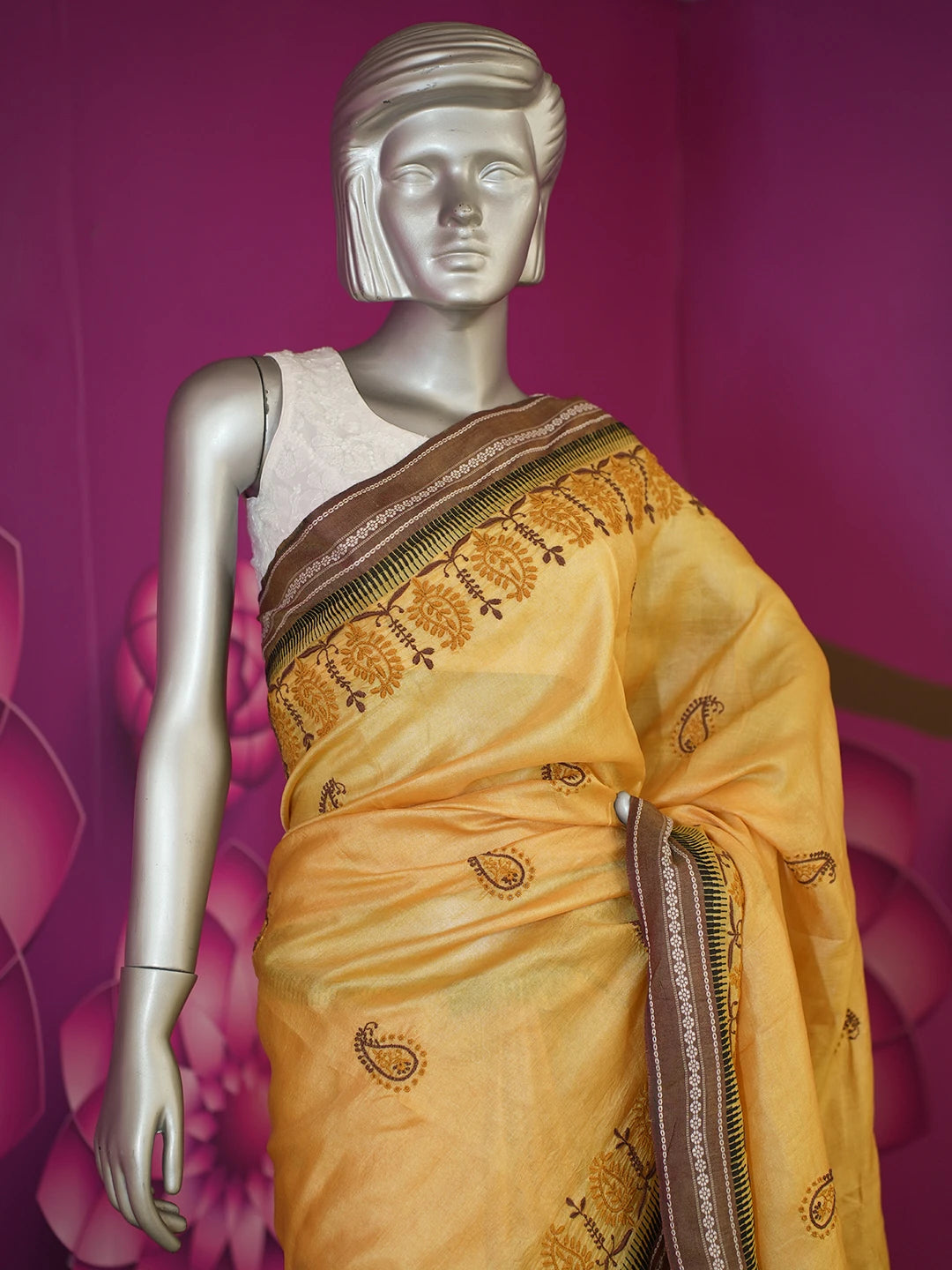 Ada Hand Embroidered Mustard Silk Lucknowi Chikankari Saree /Blouse With Zari Work 01A352952