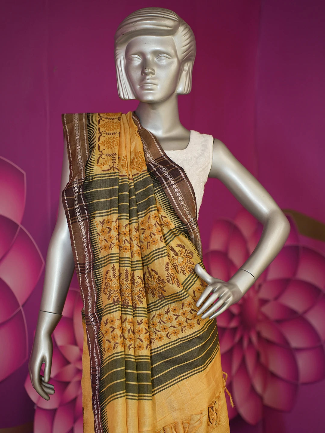 Ada Hand Embroidered Mustard Silk Lucknowi Chikankari Saree /Blouse With Zari Work 01A352952