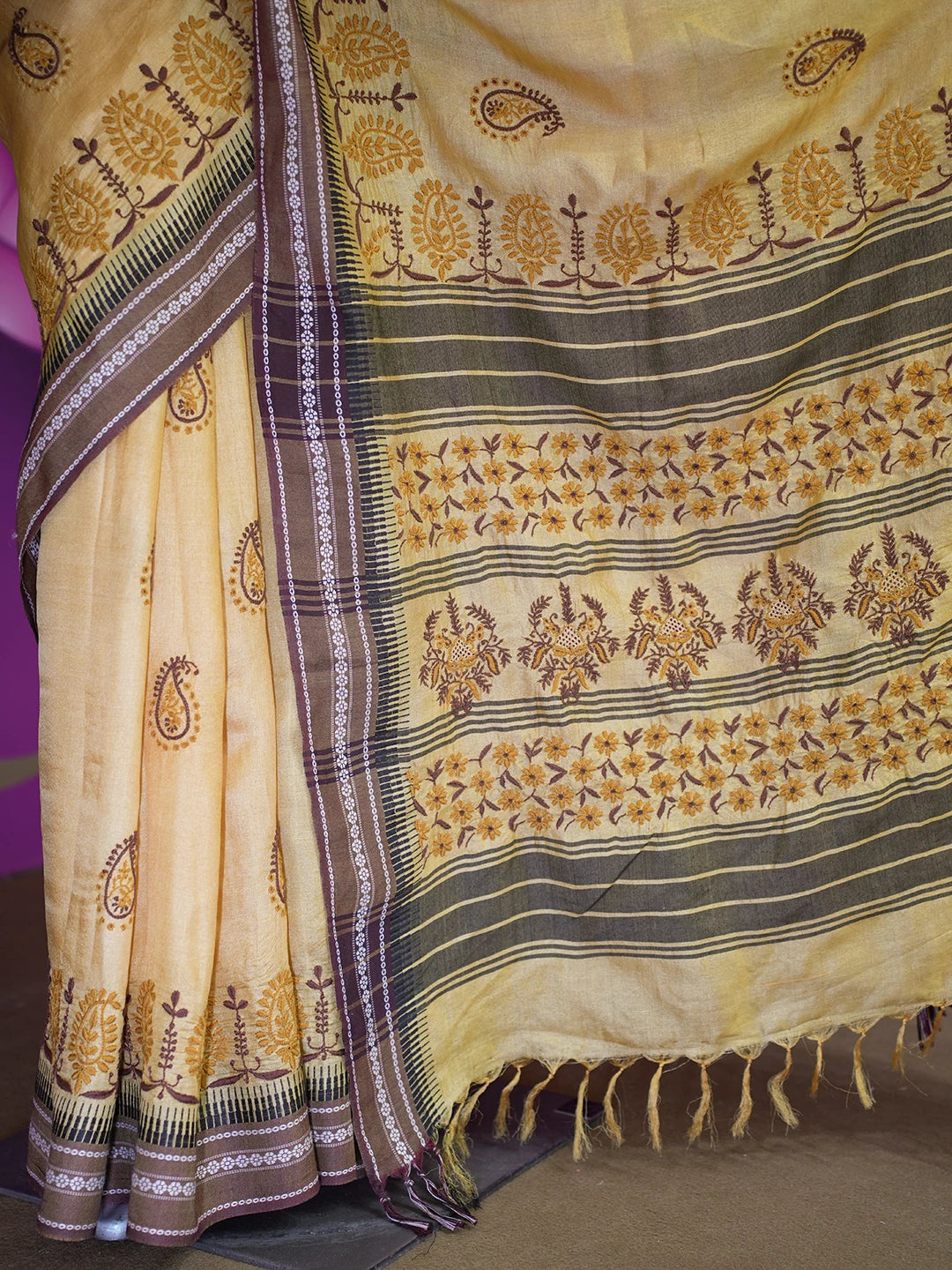 Ada Hand Embroidered Mustard Silk Lucknowi Chikankari Saree /Blouse With Zari Work 01A352952