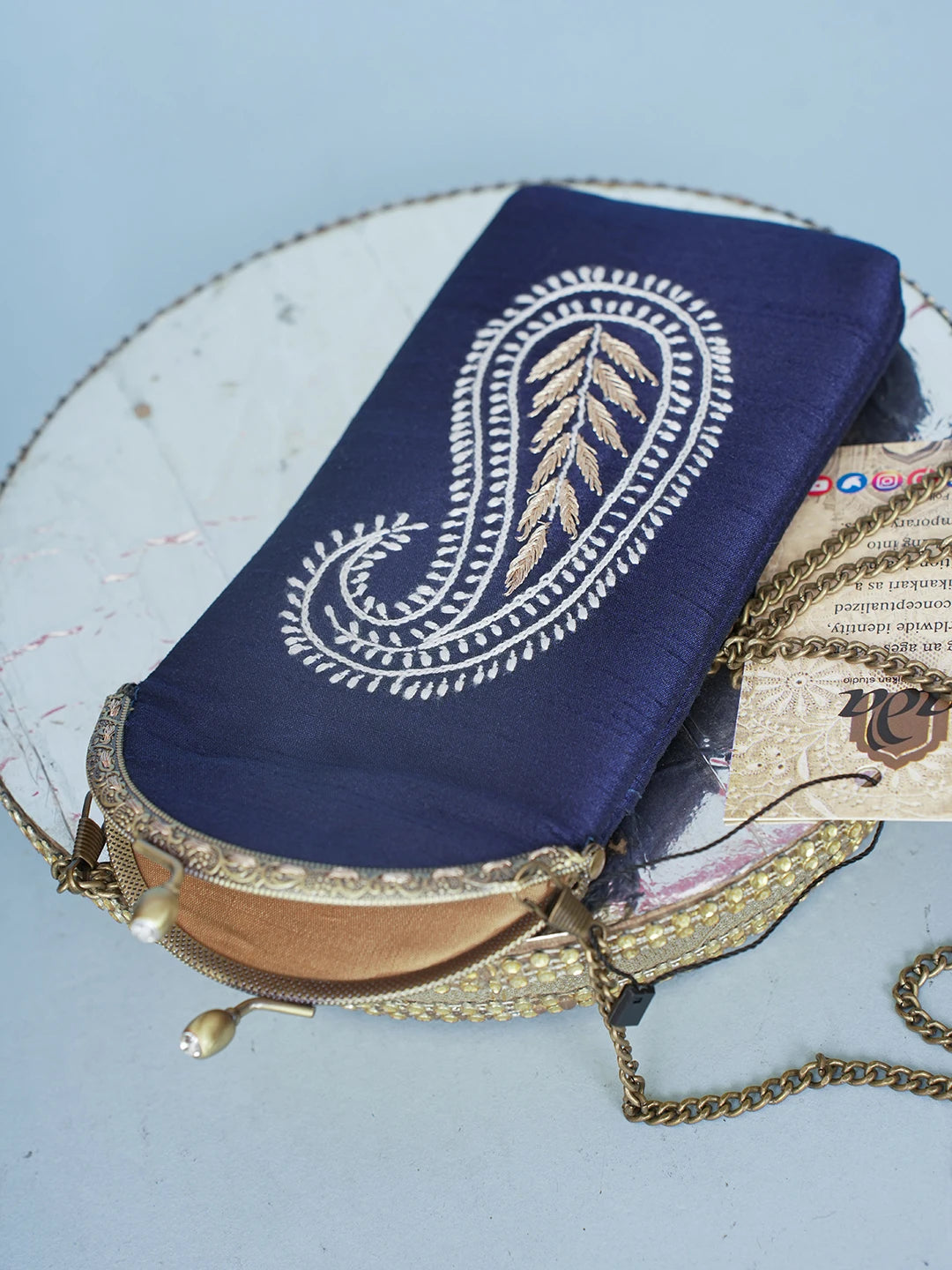 Ada Hand Embroidered Navy Blue Silk Lucknowi Chikankari Mobile Cover With Zari Work 01A582405