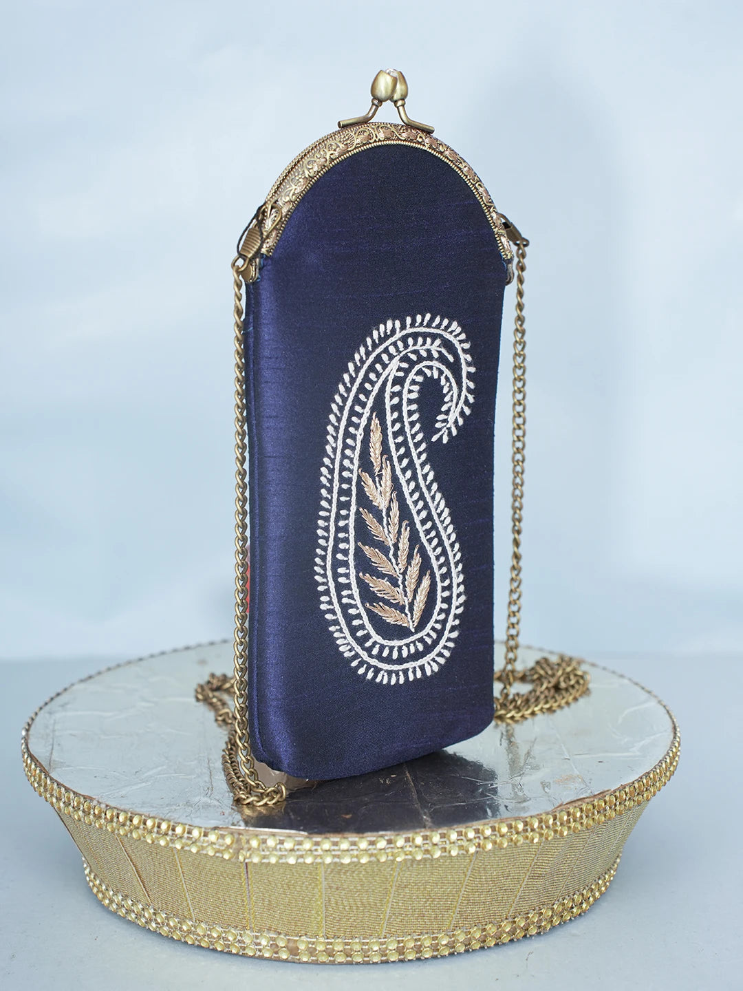 Ada Hand Embroidered Navy Blue Silk Lucknowi Chikankari Mobile Cover With Zari Work 01A582405