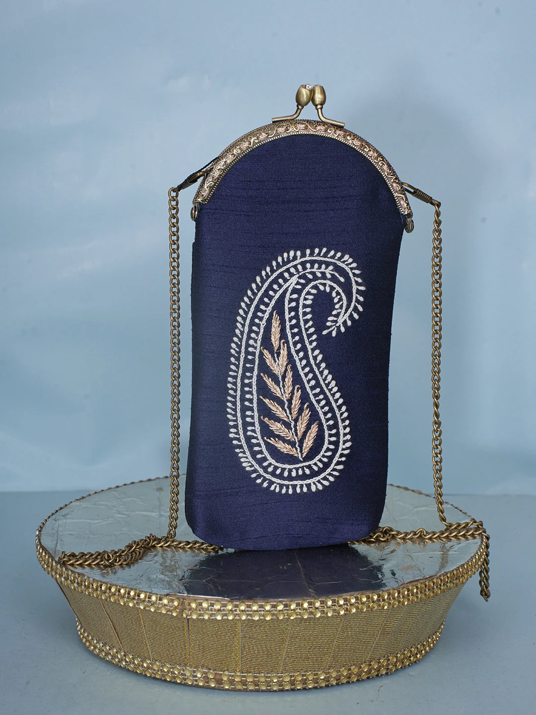 Ada Hand Embroidered Navy Blue Silk Lucknowi Chikankari Mobile Cover With Zari Work 01A582405