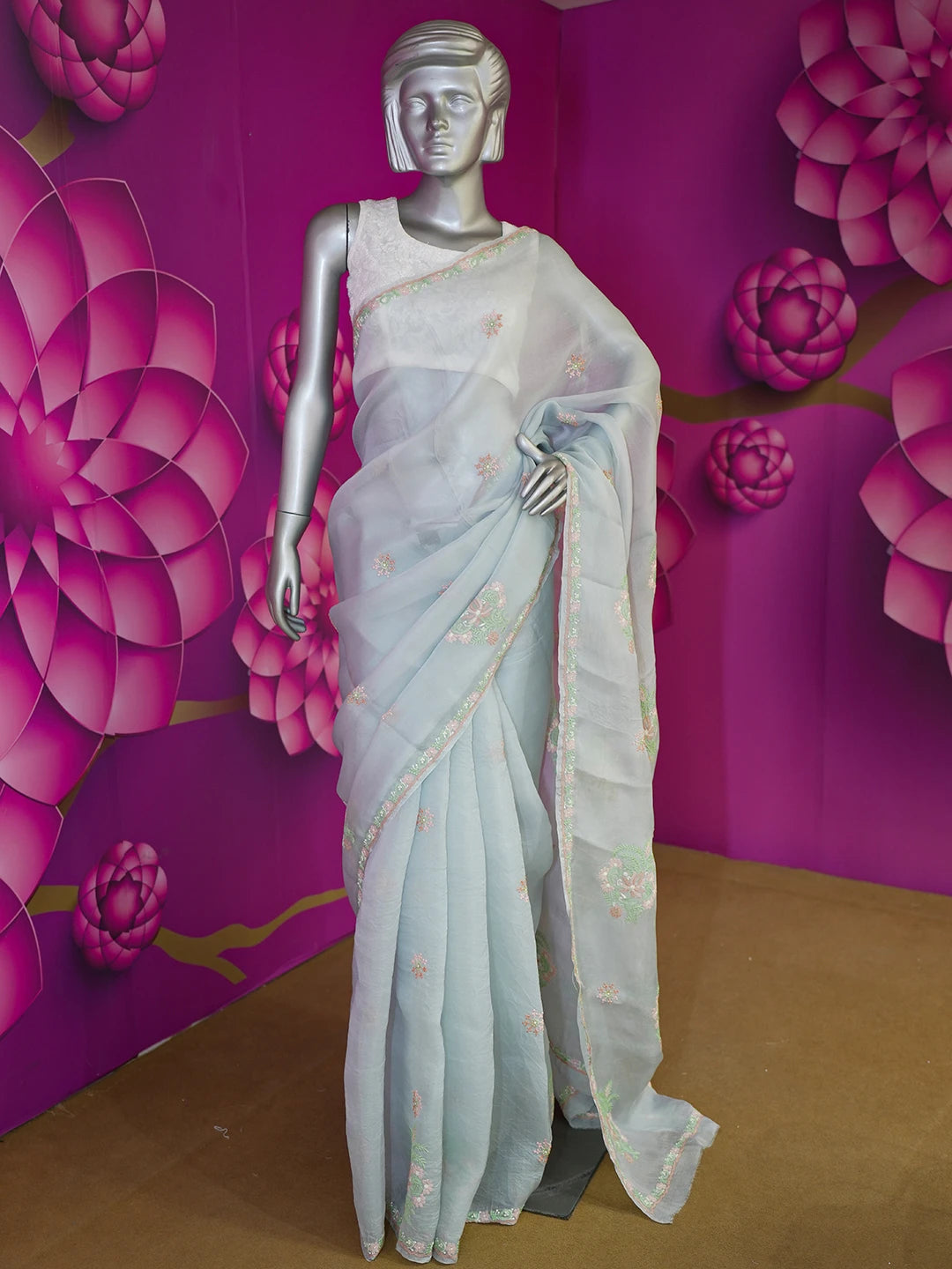 Ada Hand Embroidered Grey Organza Lucknowi Chikankari Saree and Blouse 01A580476