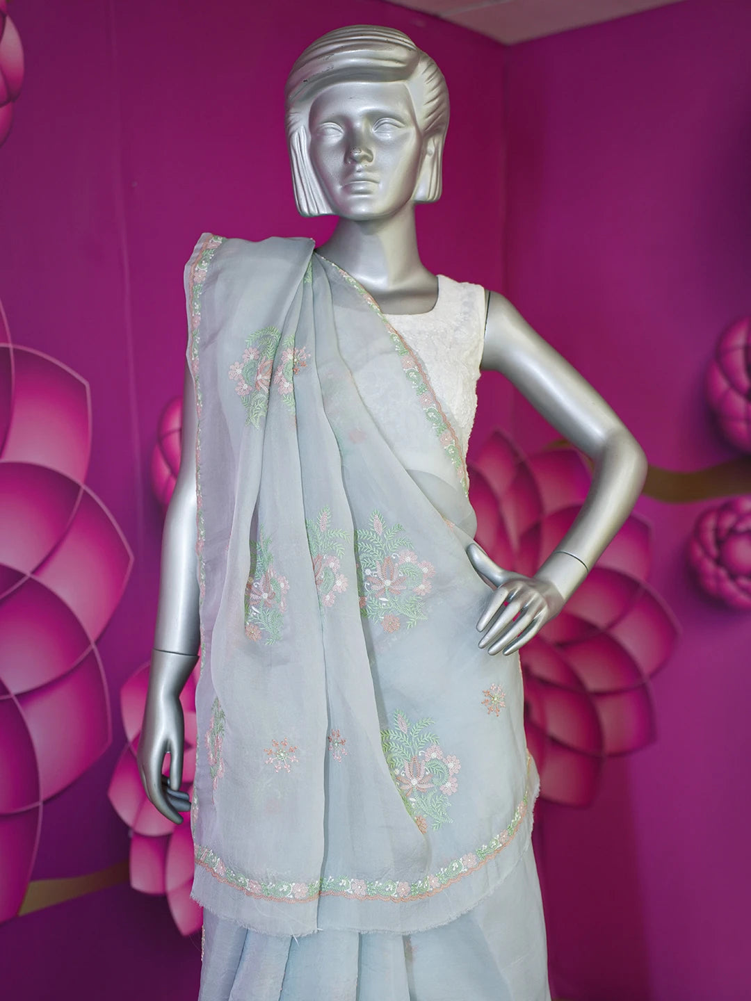 Ada Hand Embroidered Grey Organza Lucknowi Chikankari Saree and Blouse 01A580476
