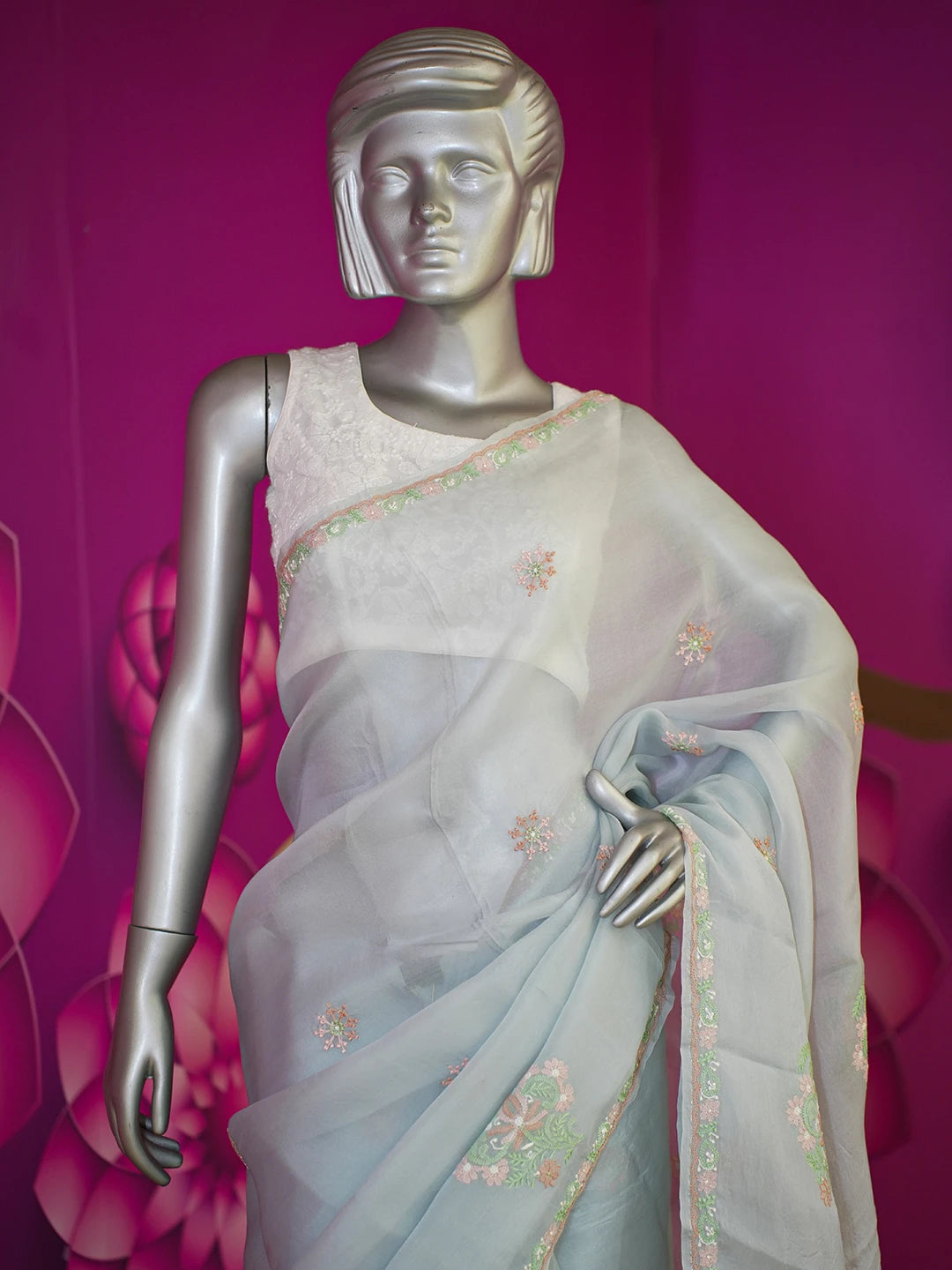 Ada Hand Embroidered Grey Organza Lucknowi Chikankari Saree and Blouse 01A580476