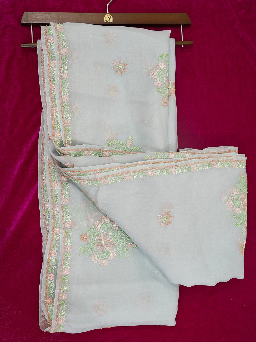 Ada Hand Embroidered Grey Organza Lucknowi Chikankari Saree and Blouse 01A580476