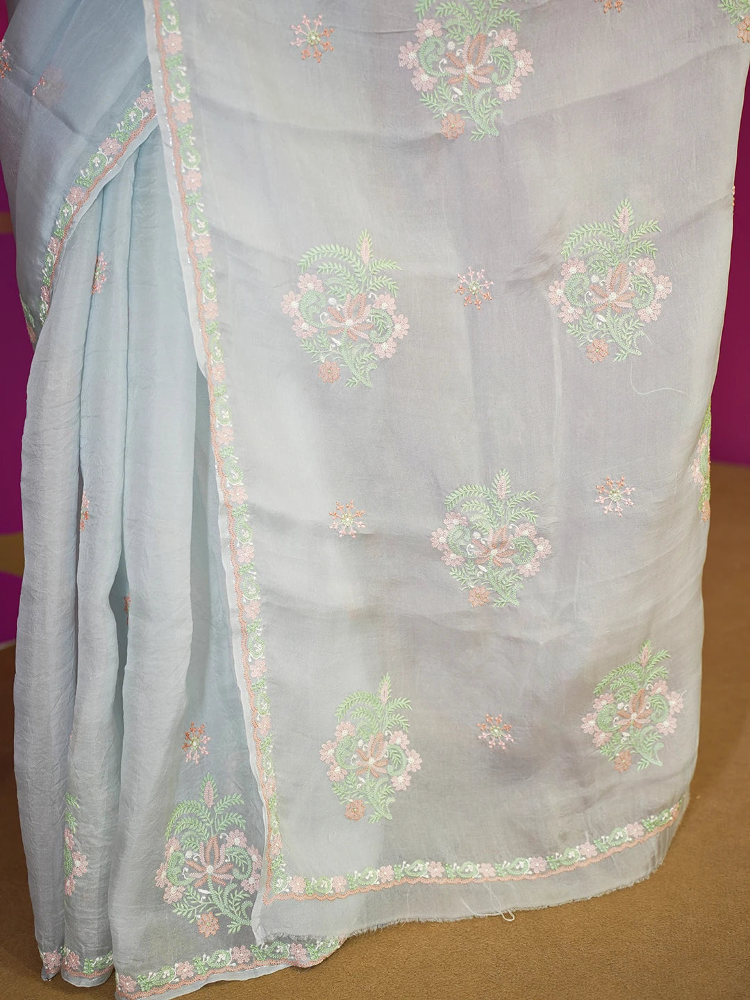 Ada Hand Embroidered Grey Organza Lucknowi Chikankari Saree and Blouse 01A580476