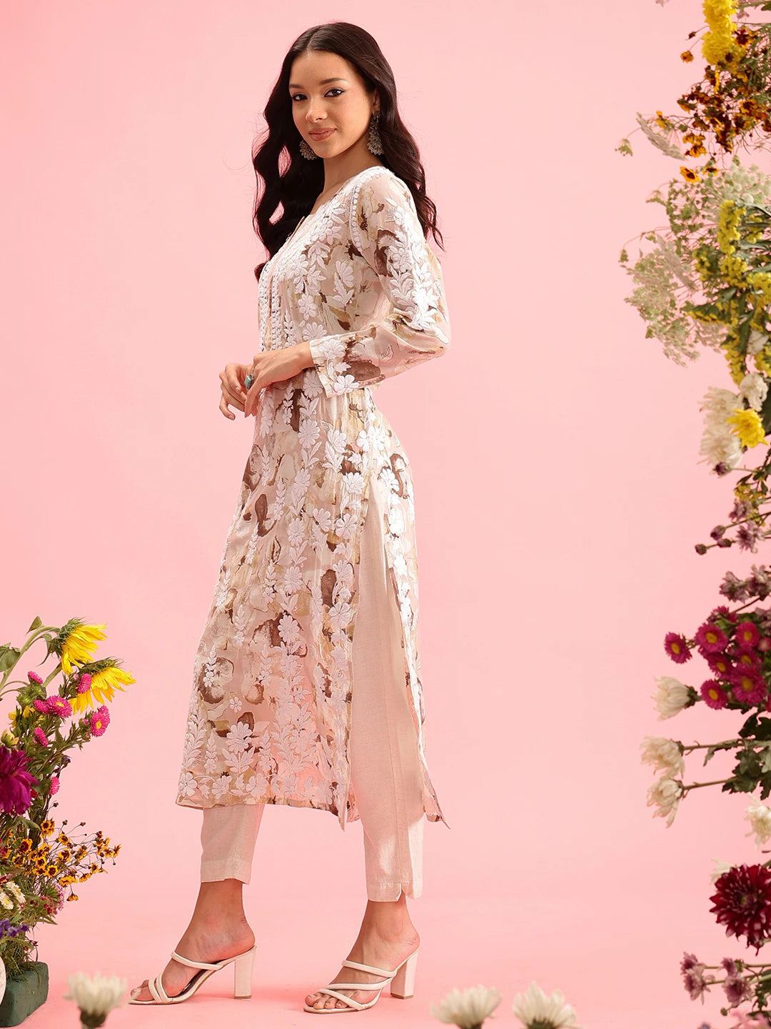 Ada Hand Embroidered Printed Dusty Peach Chanderi Lucknowi Chikankari Straight Kurta A411570