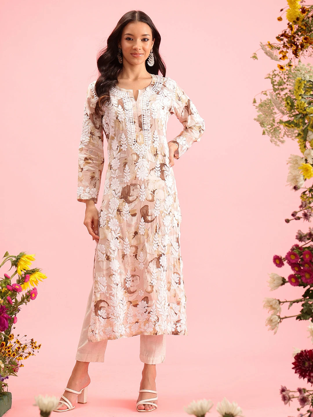 Ada Hand Embroidered Printed Dusty Peach Chanderi Lucknowi Chikankari Straight Kurta A411570