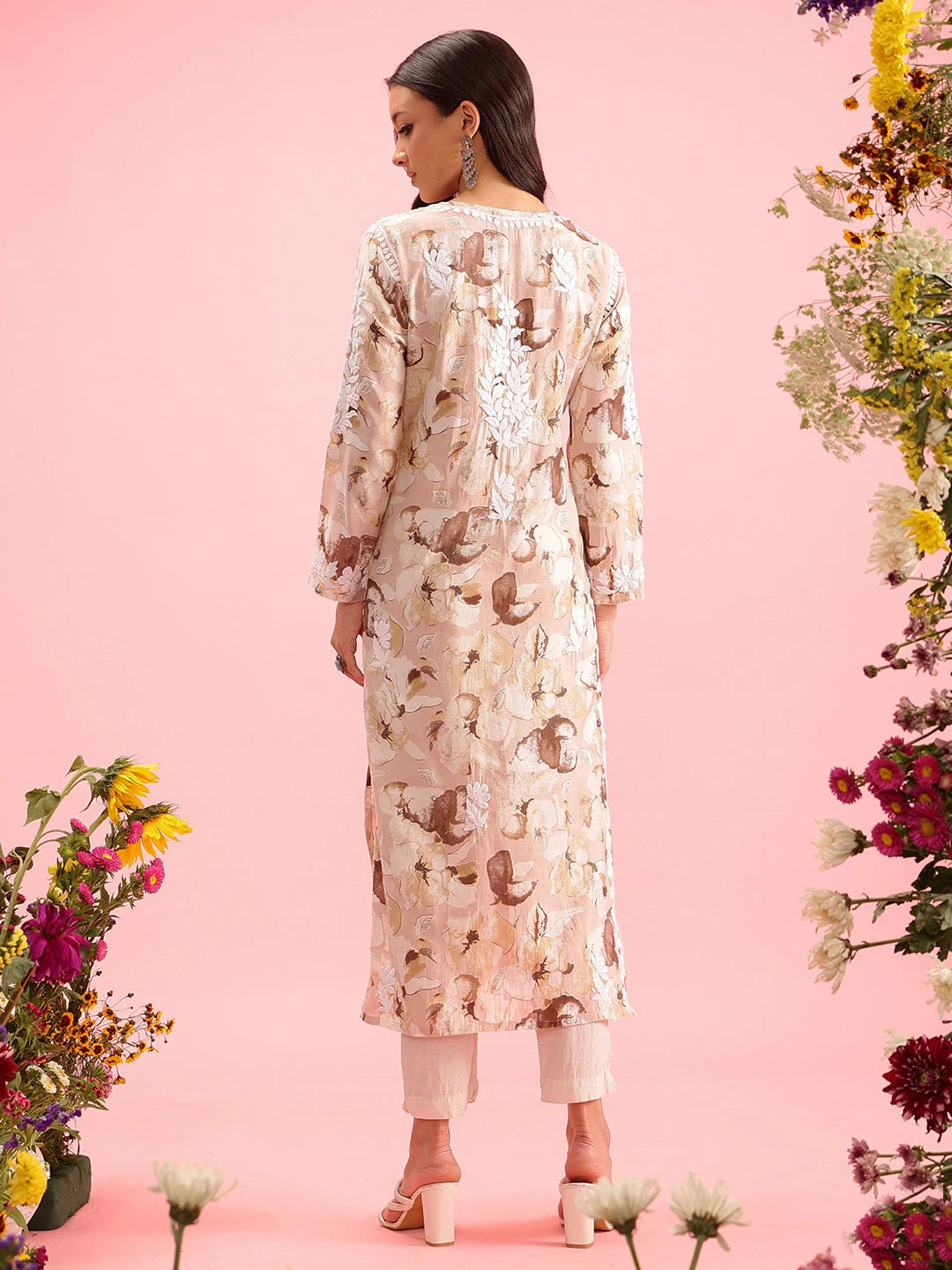 Ada Hand Embroidered Printed Dusty Peach Chanderi Lucknowi Chikankari Straight Kurta A411570