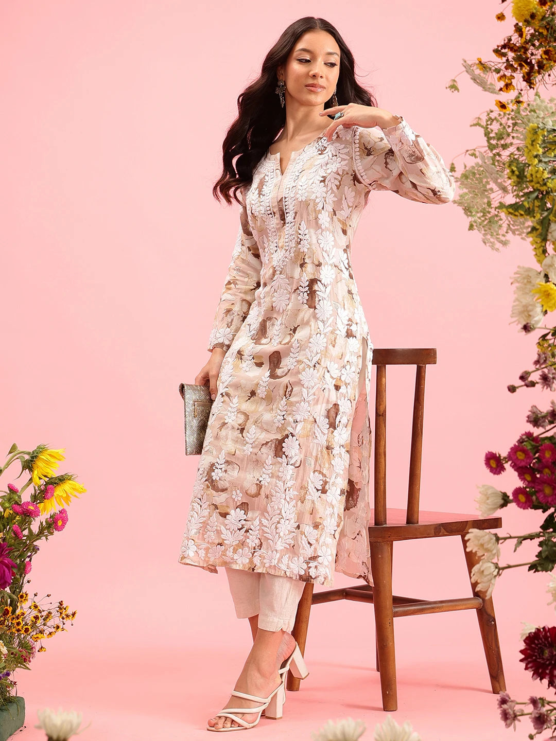 Ada Hand Embroidered Printed Dusty Peach Chanderi Lucknowi Chikankari Straight Kurta A411570