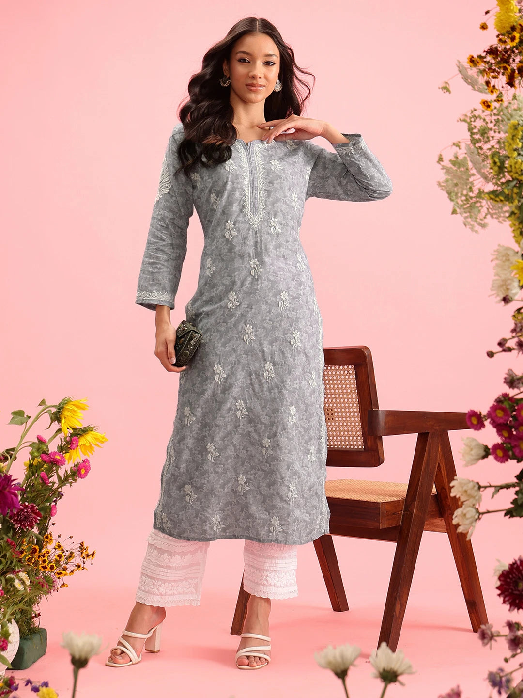 Ada Hand Embroidered Grey Cotton Lucknowi Chikankari Straight Kurta A411382