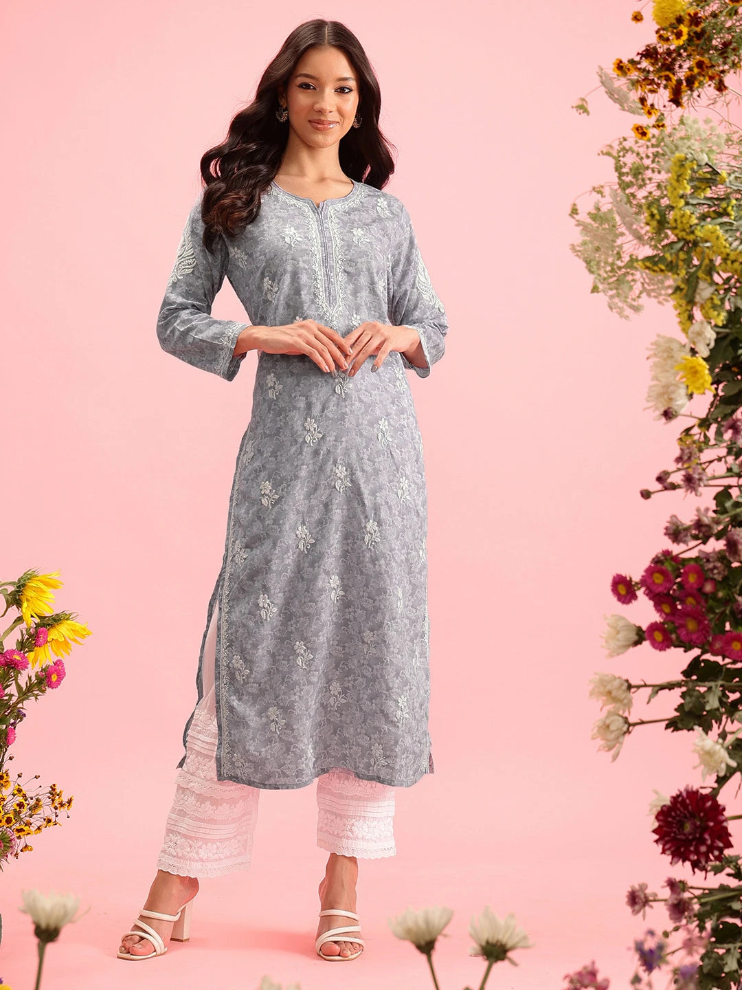 Ada Hand Embroidered Grey Cotton Lucknowi Chikankari Straight Kurta A411382
