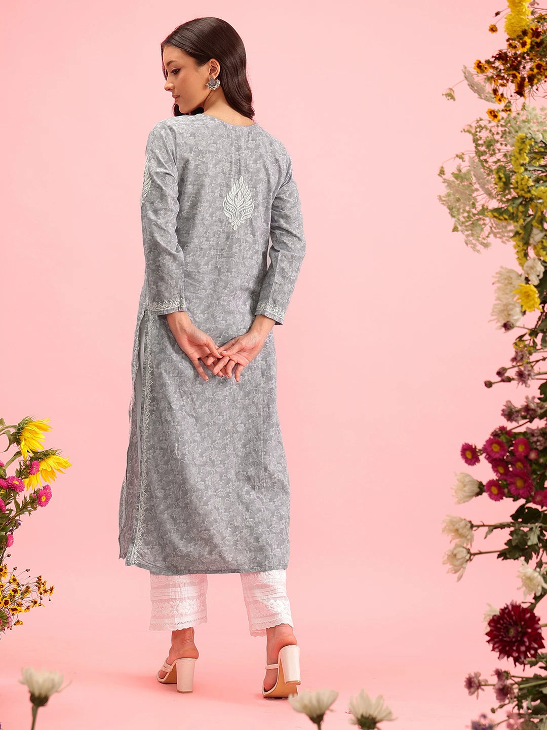 Ada Hand Embroidered Grey Cotton Lucknowi Chikankari Straight Kurta A411382