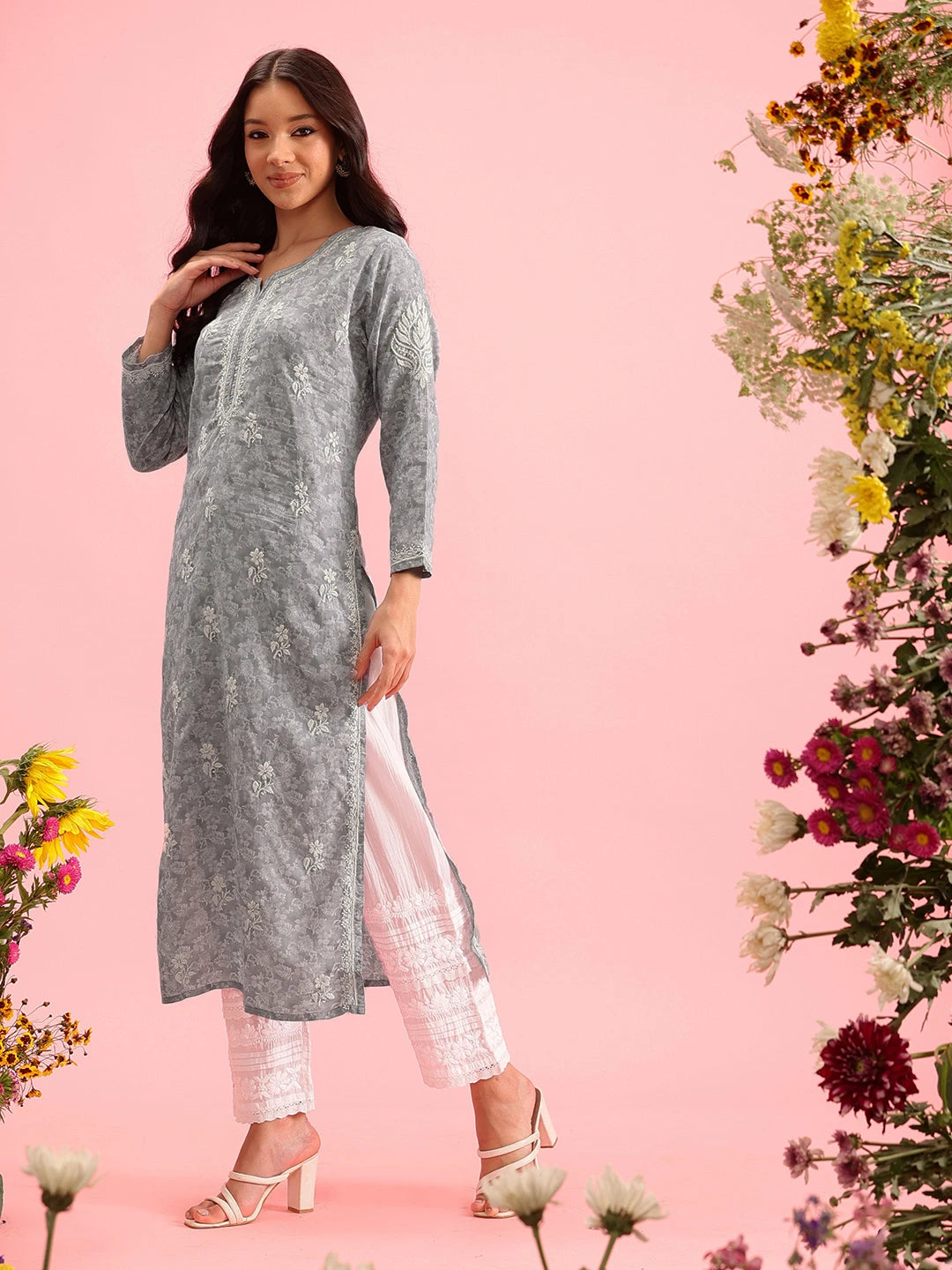 Ada Hand Embroidered Grey Cotton Lucknowi Chikankari Straight Kurta A411382