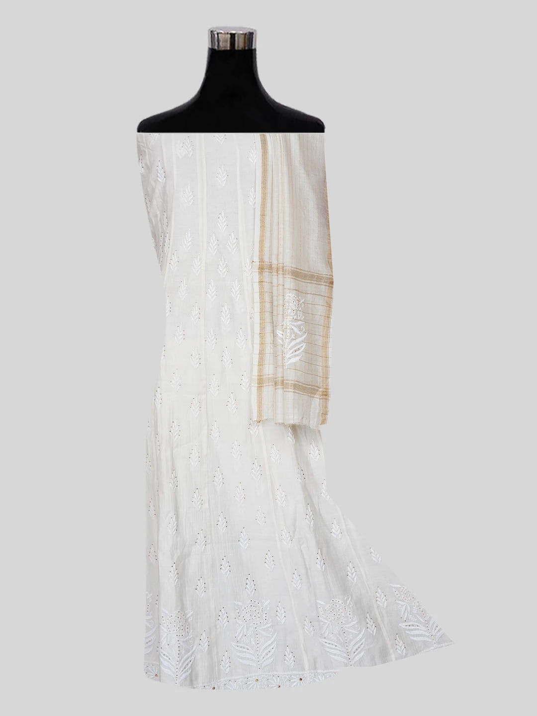 Ada Hand Embroidered Cornsilk White Chanderi Lucknowi Chikankari Semi-Stitched Anarkali Kurta Dupatta Set With Muqaish Work 01A586927