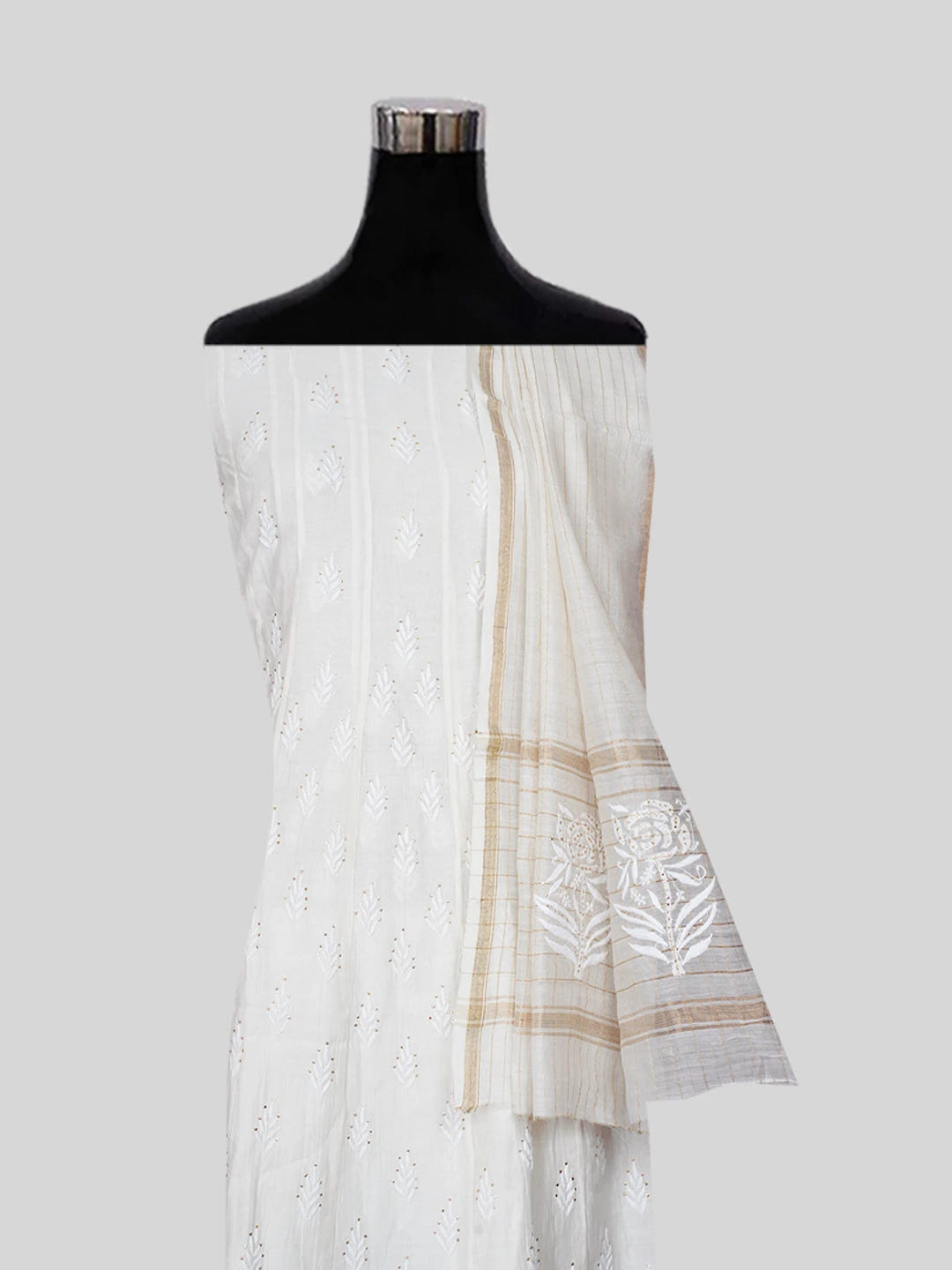 Ada Hand Embroidered Cornsilk White Chanderi Lucknowi Chikankari Semi-Stitched Anarkali Kurta Dupatta Set With Muqaish Work 01A586927