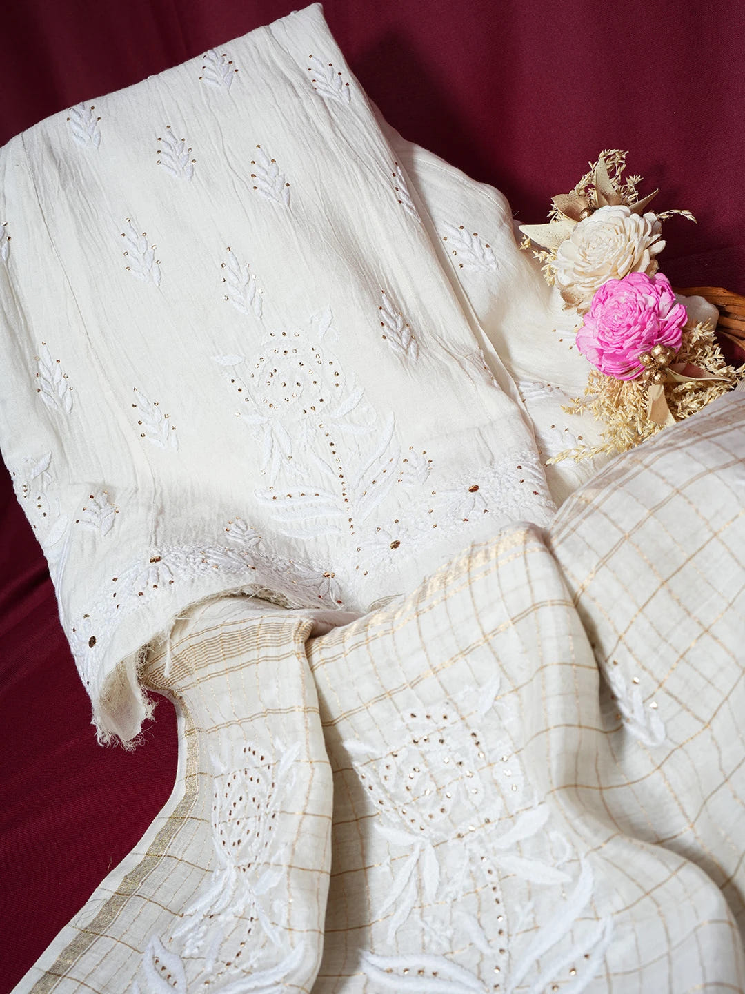 Ada Hand Embroidered Cornsilk White Chanderi Lucknowi Chikankari Semi-Stitched Anarkali Kurta Dupatta Set With Muqaish Work 01A586927