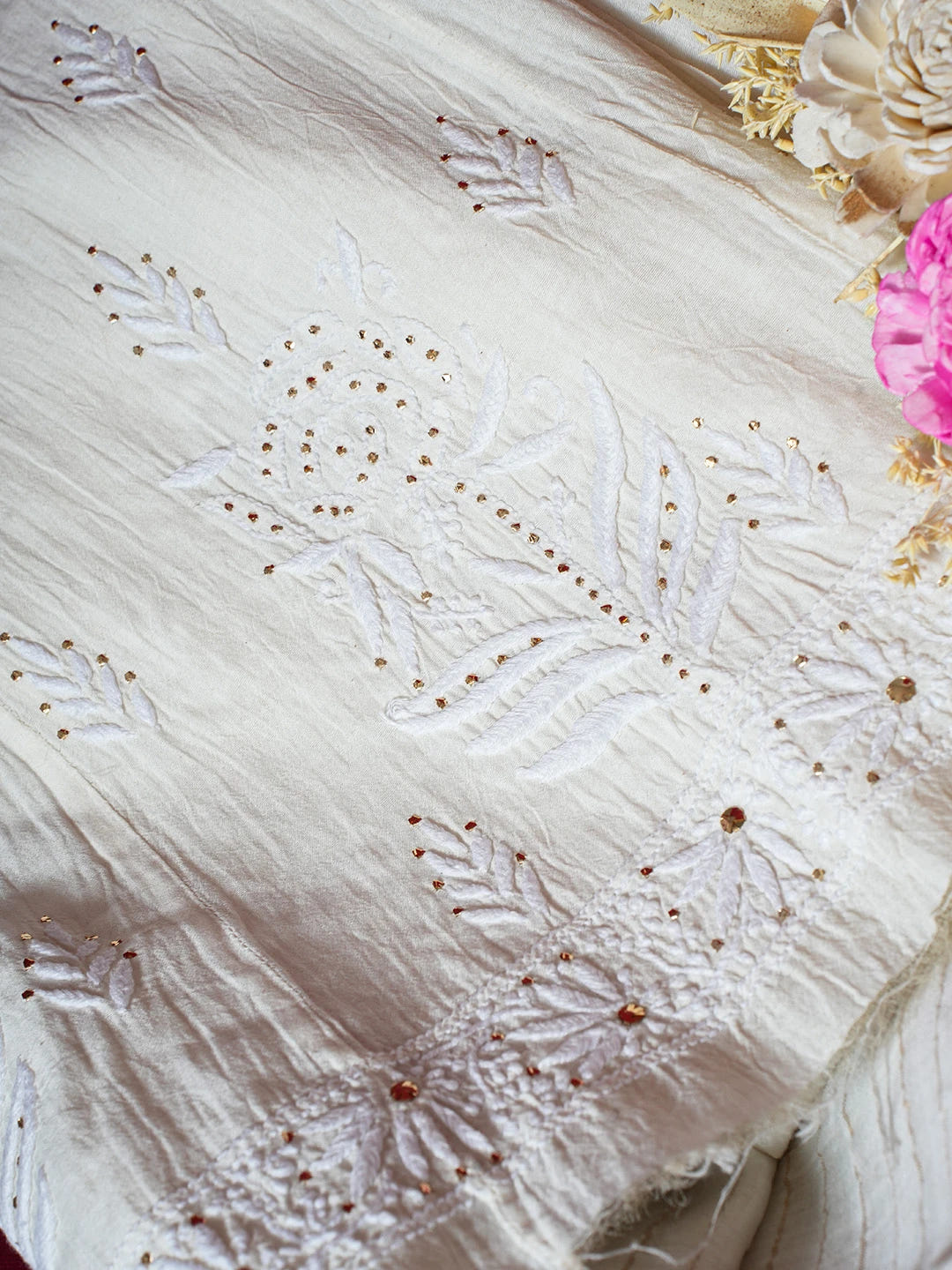 Ada Hand Embroidered Cornsilk White Chanderi Lucknowi Chikankari Semi-Stitched Anarkali Kurta Dupatta Set With Muqaish Work 01A586927