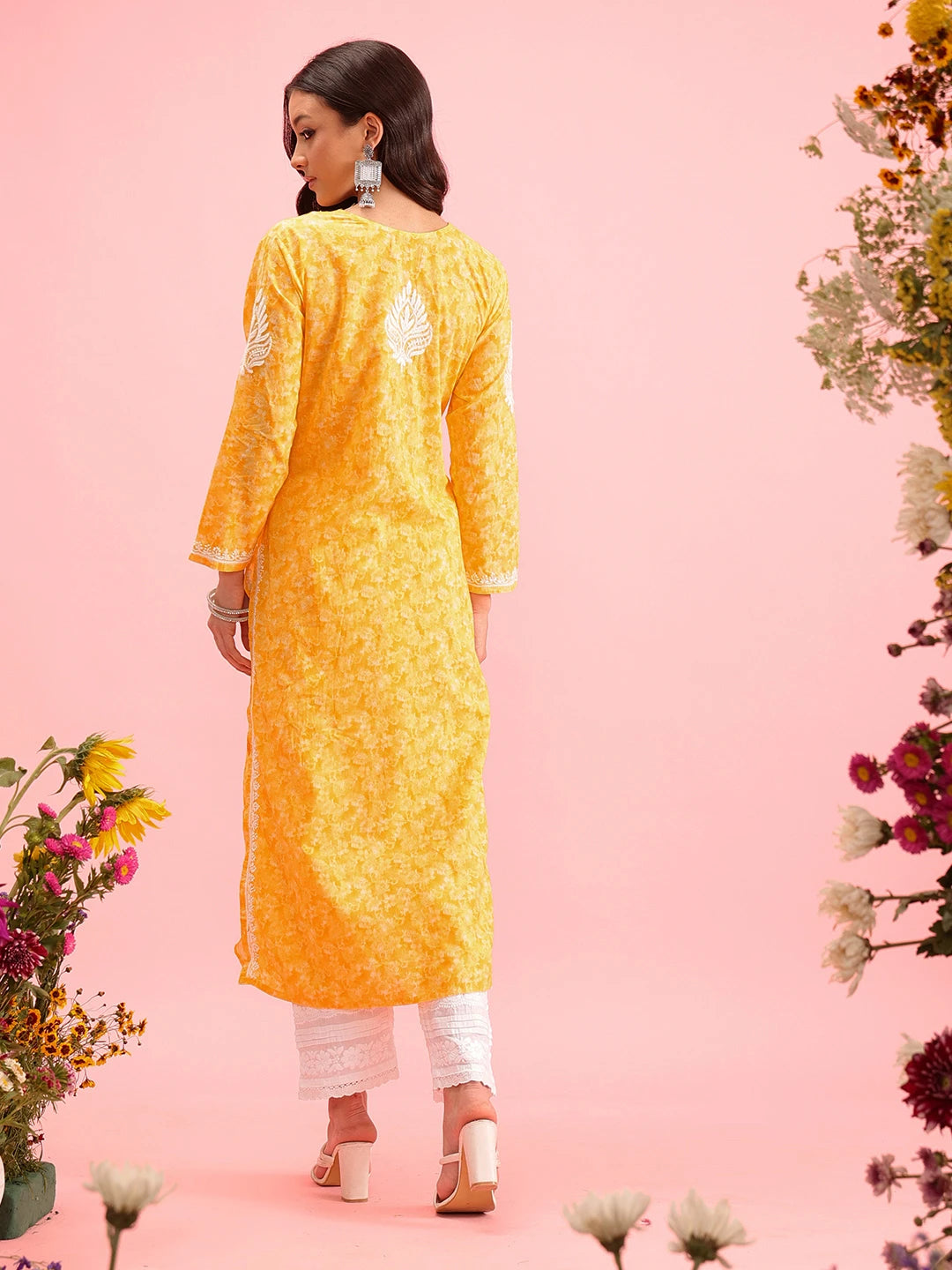 Ada Hand Embroidered Yellow Cotton Lucknow Chikankari Straight Kurta A411379