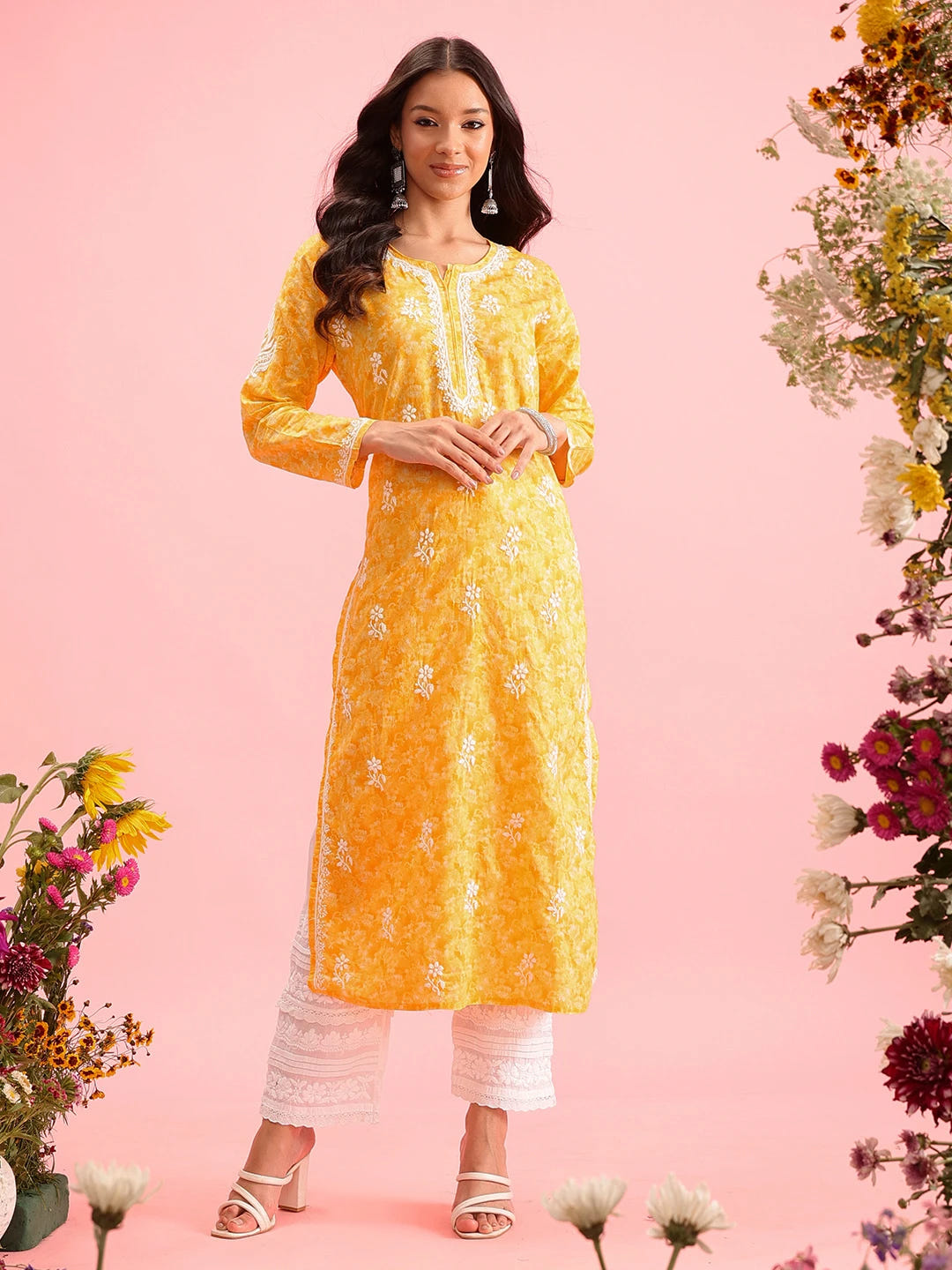 Ada Hand Embroidered Yellow Cotton Lucknow Chikankari Straight Kurta A411379