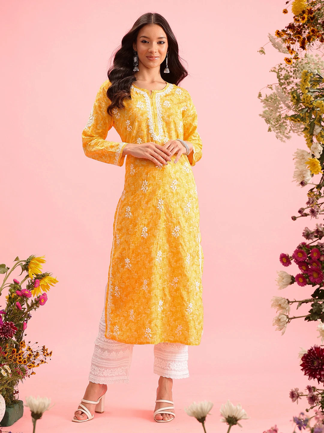 Ada Hand Embroidered Yellow Cotton Lucknow Chikankari Straight Kurta A411379