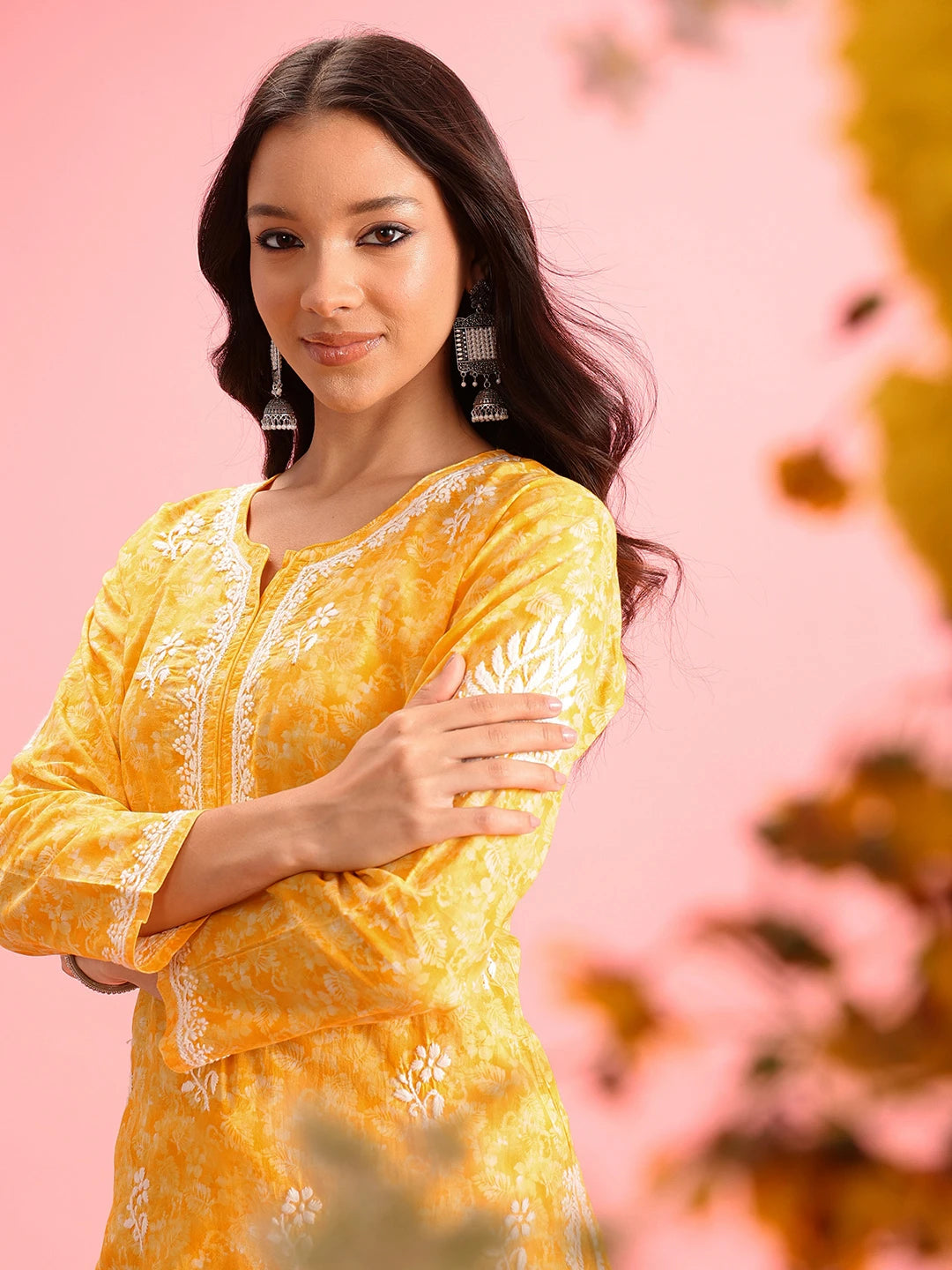 Ada Hand Embroidered Yellow Cotton Lucknow Chikankari Straight Kurta A411379