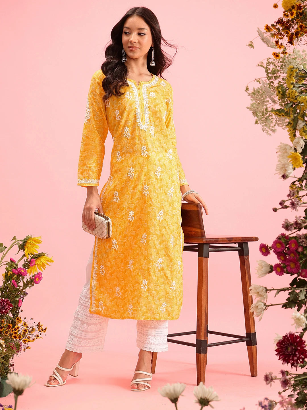 Ada Hand Embroidered Yellow Cotton Lucknow Chikankari Straight Kurta A411379