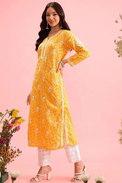 Ada Hand Embroidered Yellow Cotton Lucknow Chikankari Straight Kurta A411379