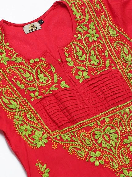 Ada Hand Embroidered Red Cotton Lucknowi Chikankari Straight Kurti A226823