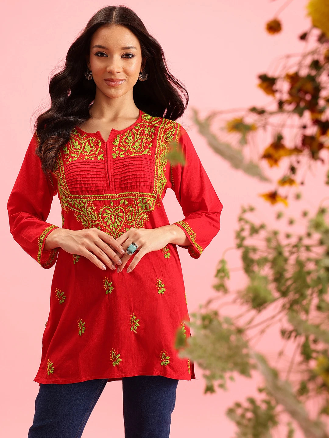 Ada Hand Embroidered Red Cotton Lucknowi Chikankari Straight Kurti A226823