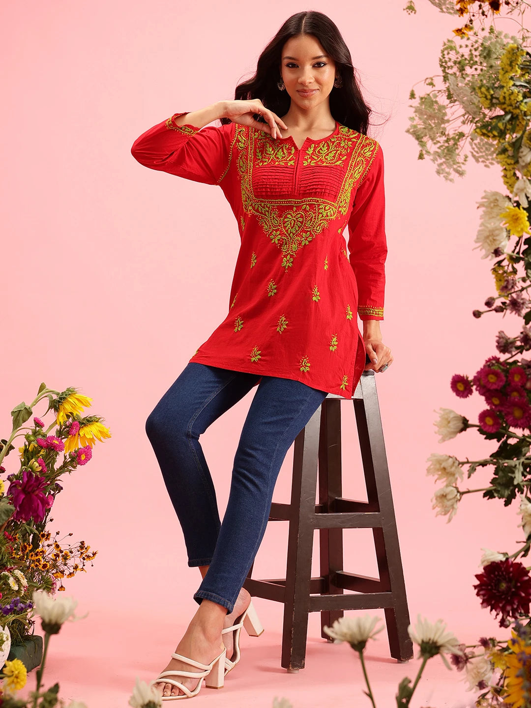 Ada Hand Embroidered Red Cotton Lucknowi Chikankari Straight Kurti A226823
