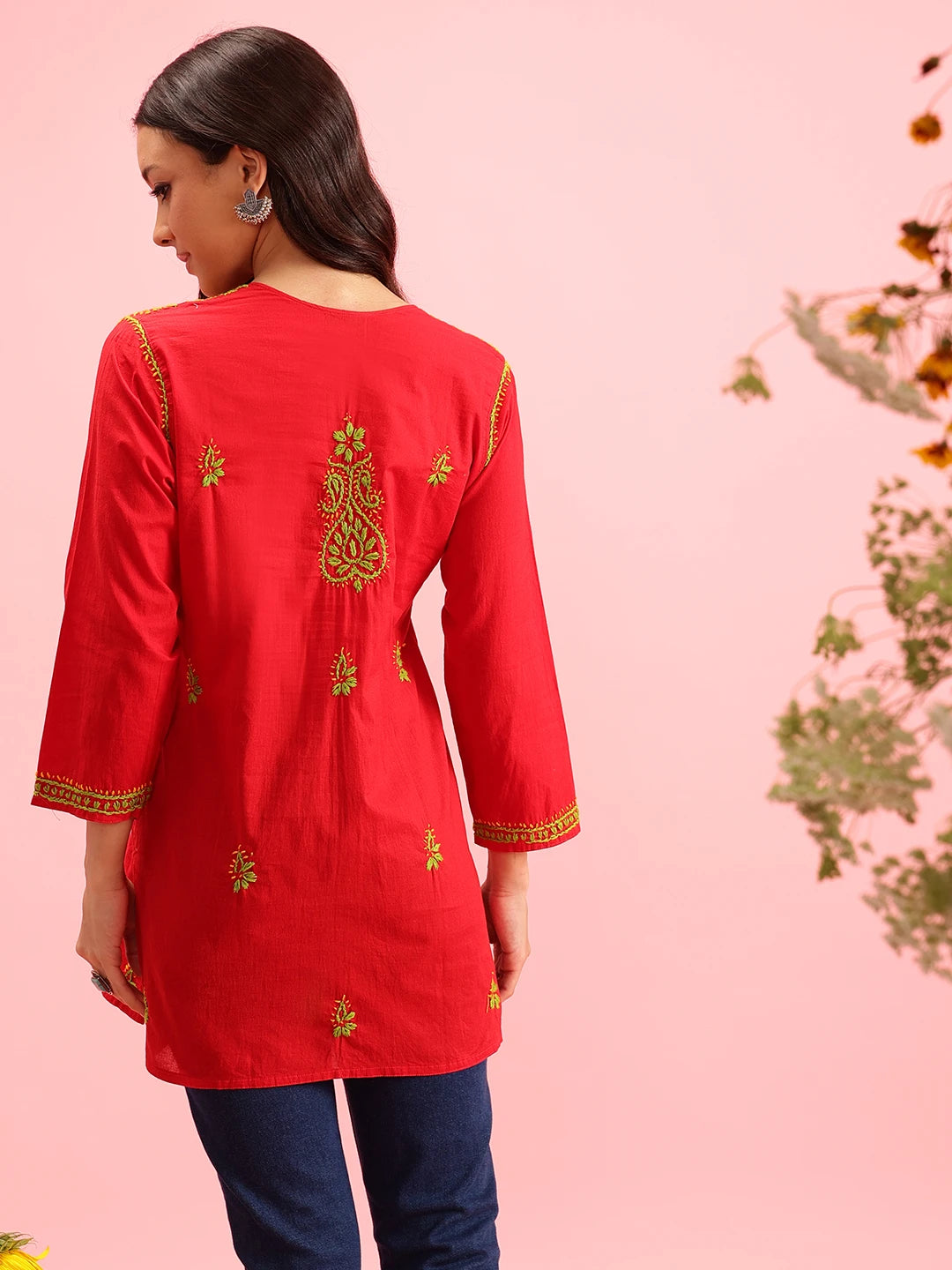 Ada Hand Embroidered Red Cotton Lucknowi Chikankari Straight Kurti A226823