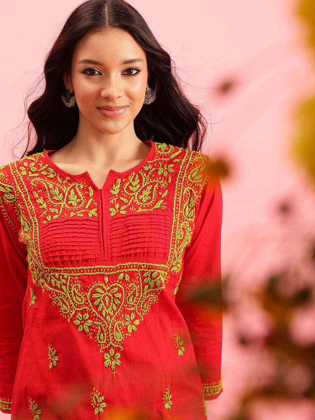 Ada Hand Embroidered Red Cotton Lucknowi Chikankari Straight Kurti A226823