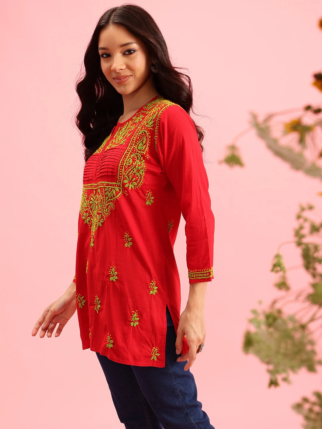 Ada Hand Embroidered Red Cotton Lucknowi Chikankari Straight Kurti A226823