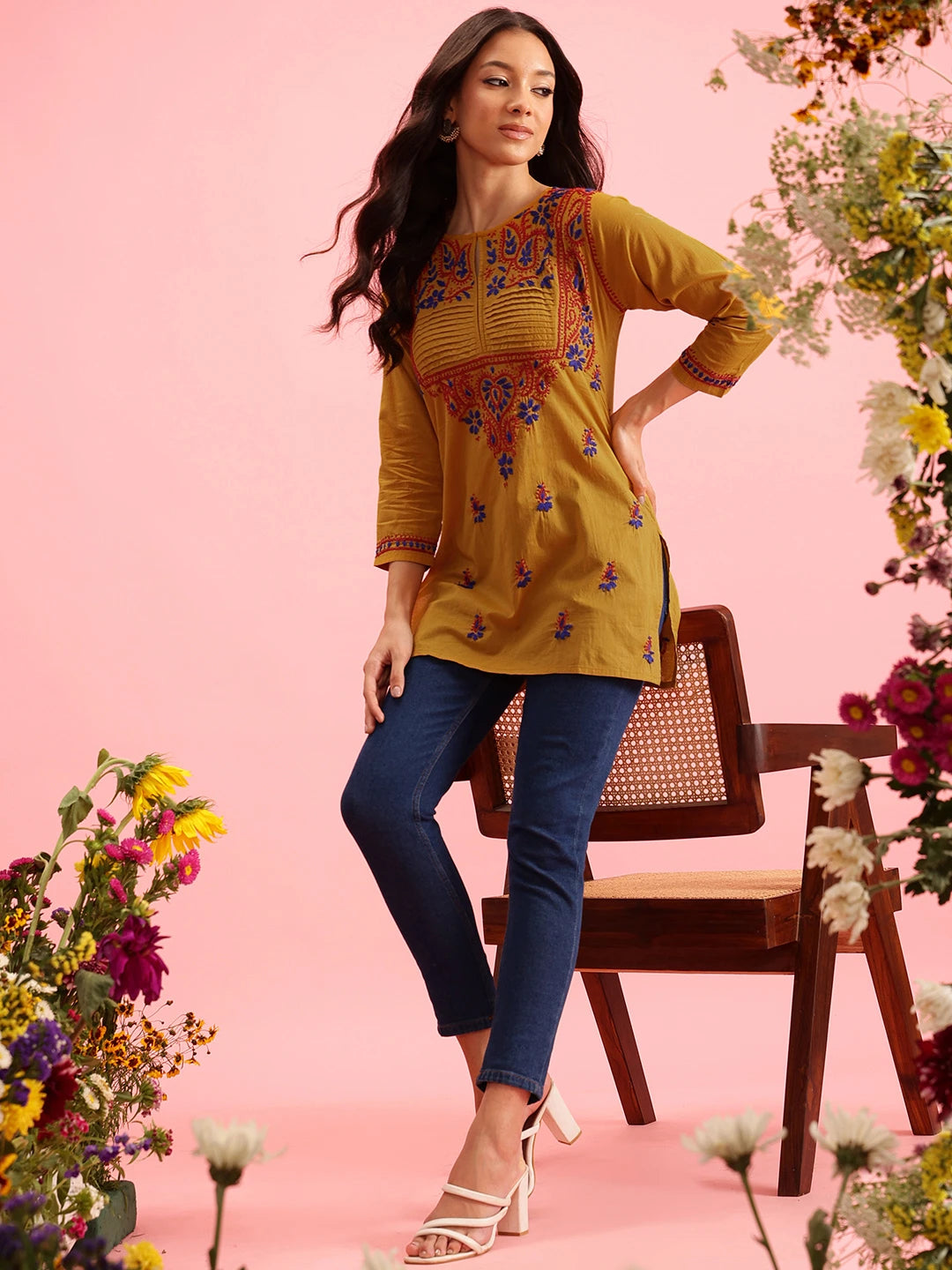 Ada Hand Embroidered Mustard Cotton Lucknowi Chikankari Straight Kurti A150764