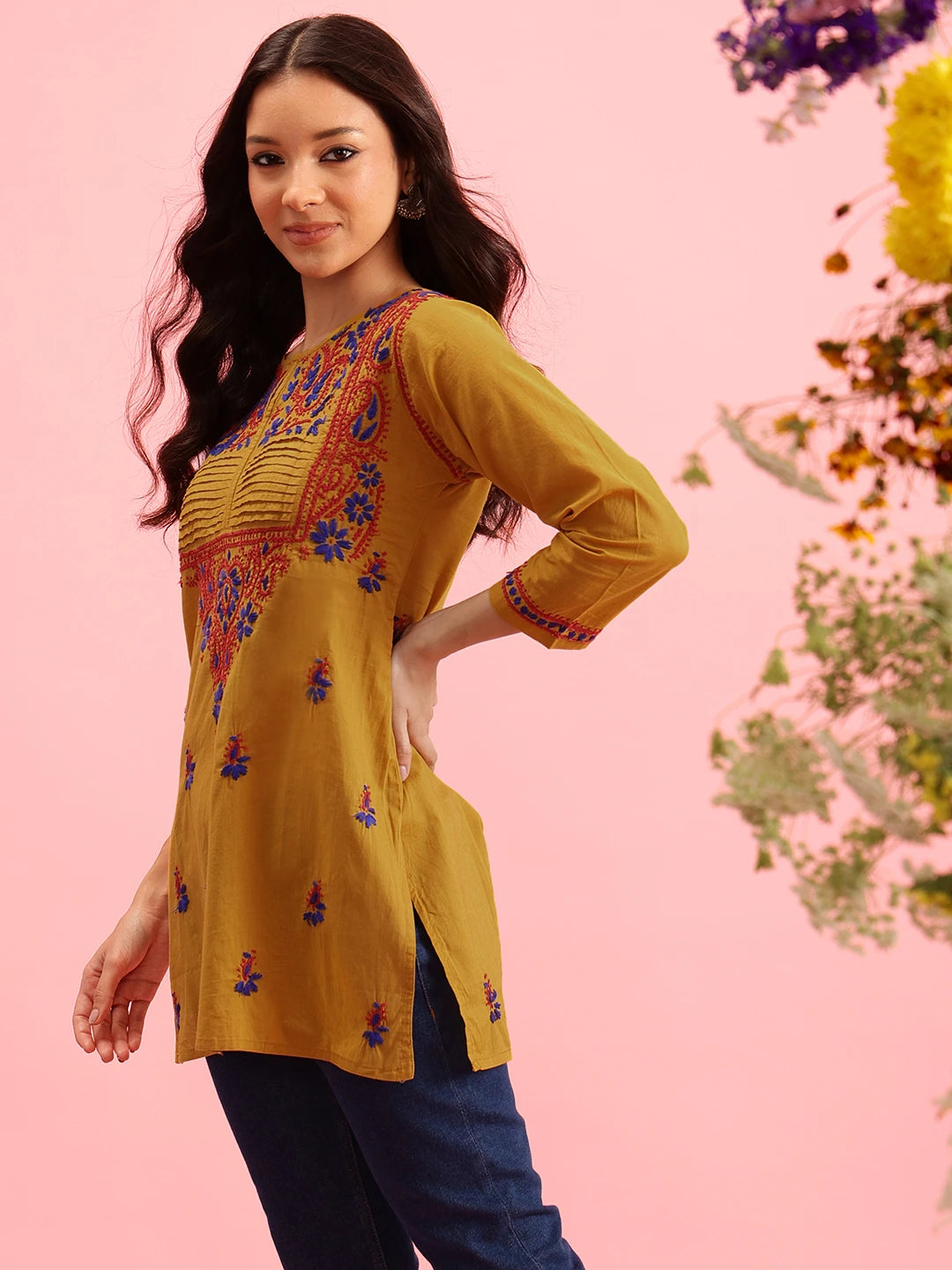 Ada Hand Embroidered Mustard Cotton Lucknowi Chikankari Straight Kurti A150764