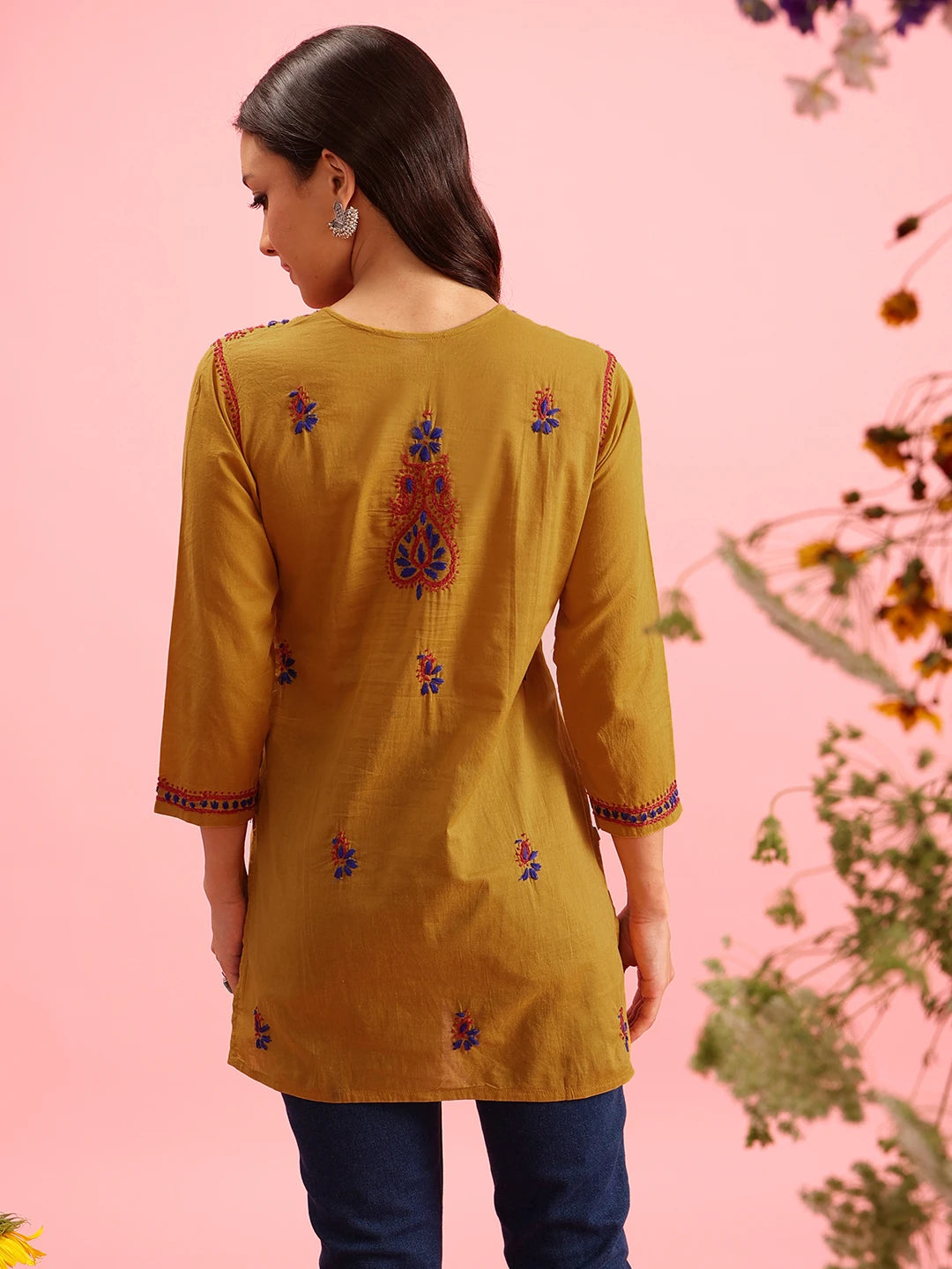 Ada Hand Embroidered Mustard Cotton Lucknowi Chikankari Straight Kurti A150764
