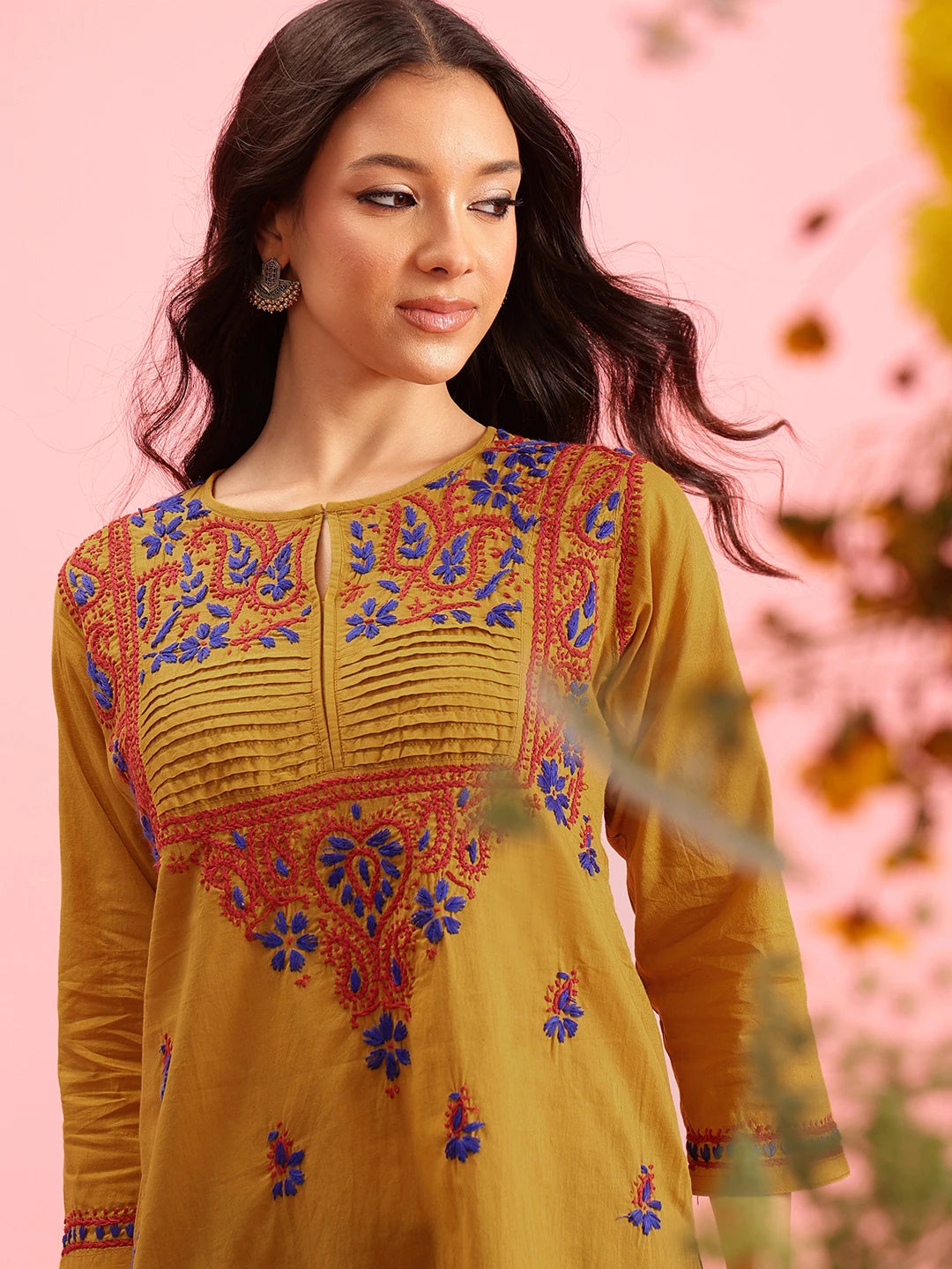 Ada Hand Embroidered Mustard Cotton Lucknowi Chikankari Straight Kurti A150764