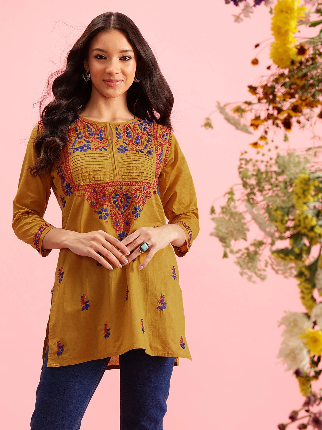Ada Hand Embroidered Mustard Cotton Lucknowi Chikankari Straight Kurti A150764