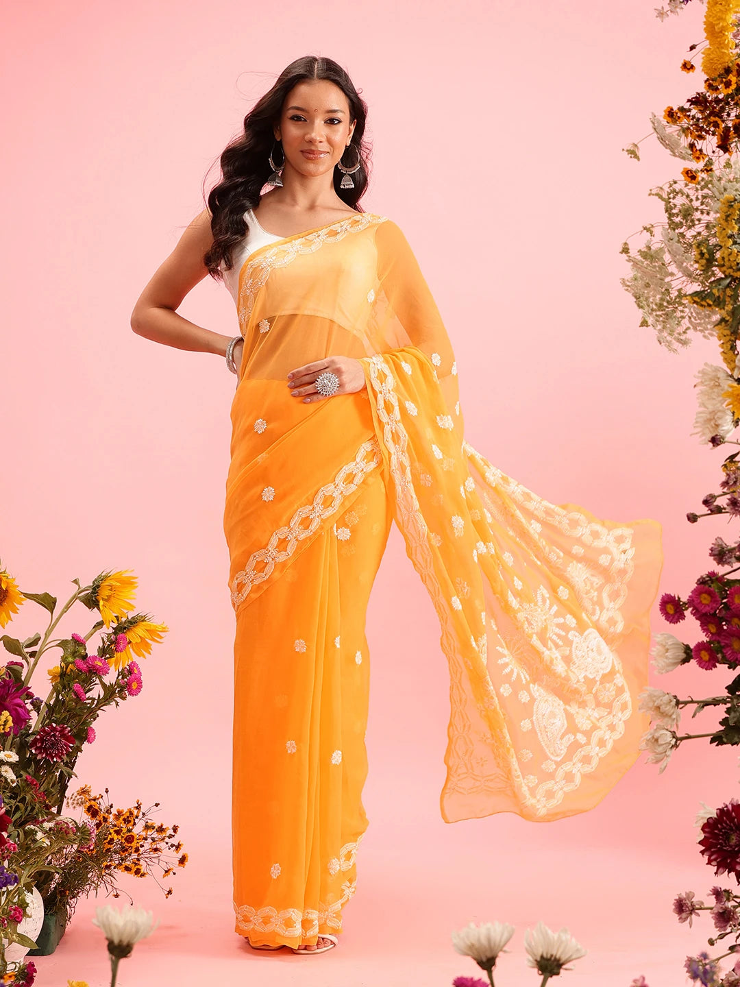 Ada Hand Embroidered Mustard Georgette Lucknowi Chikankari Saree With Blouse A130167