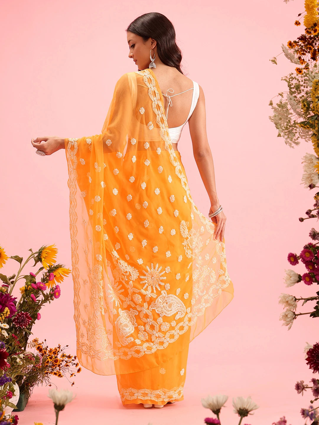 Ada Hand Embroidered Mustard Georgette Lucknowi Chikankari Saree With Blouse A130167