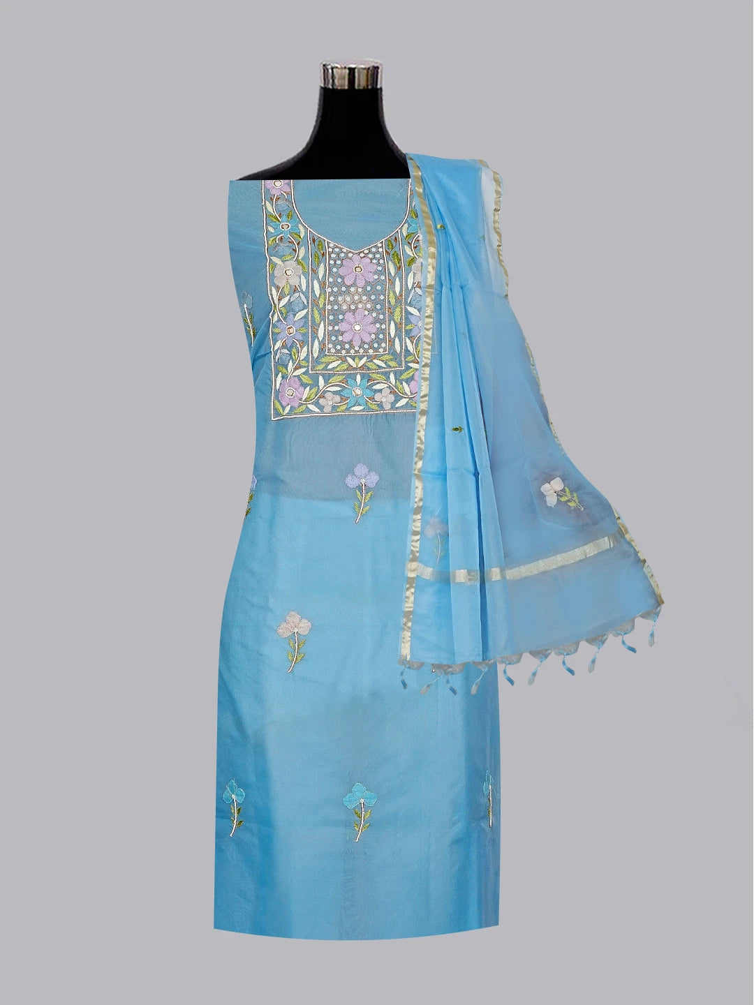 Ada Hand Embroidered Blue Organza Lucknowi Chikankari Unstitched Kurta Dupatta Set With Parsi Work 01A582322