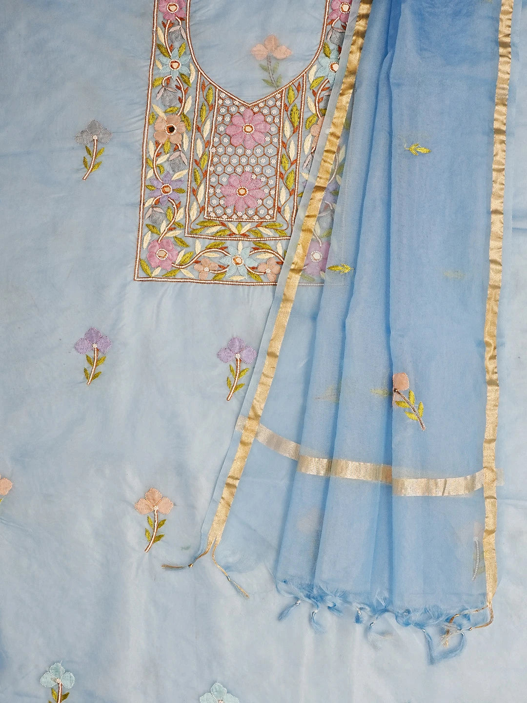 Ada Hand Embroidered Blue Organza Lucknowi Chikankari Unstitched Kurta Dupatta Set With Parsi Work 01A582322