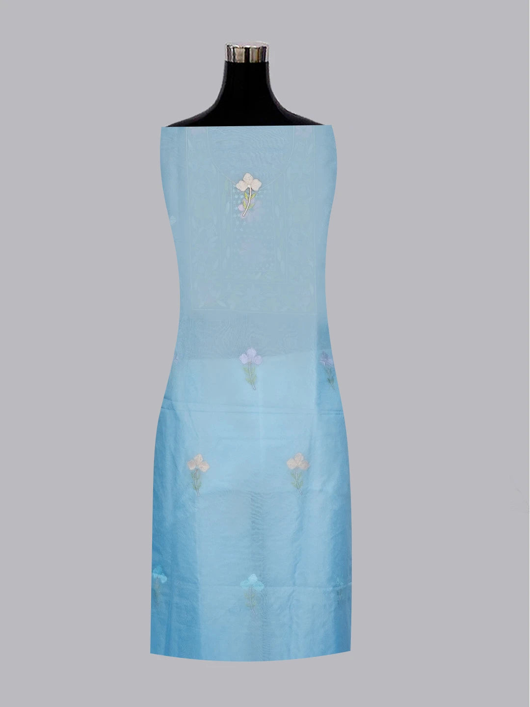Ada Hand Embroidered Blue Organza Lucknowi Chikankari Unstitched Kurta Dupatta Set With Parsi Work 01A582322