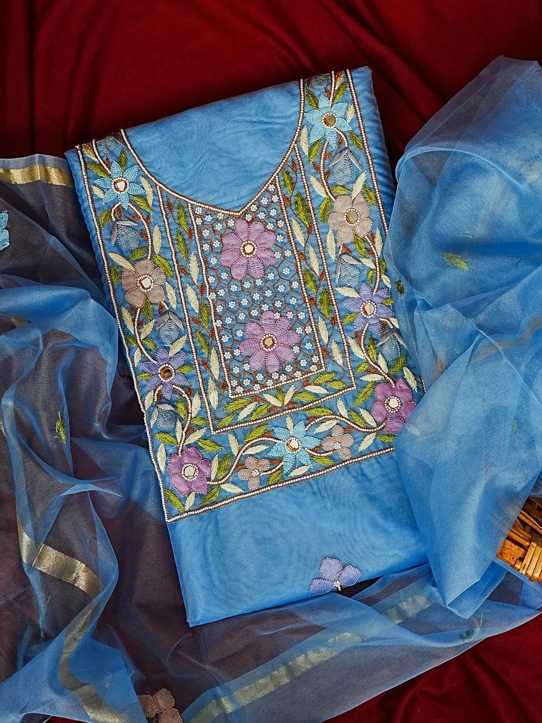 Ada Hand Embroidered Blue Organza Lucknowi Chikankari Unstitched Kurta Dupatta Set With Parsi Work 01A582322